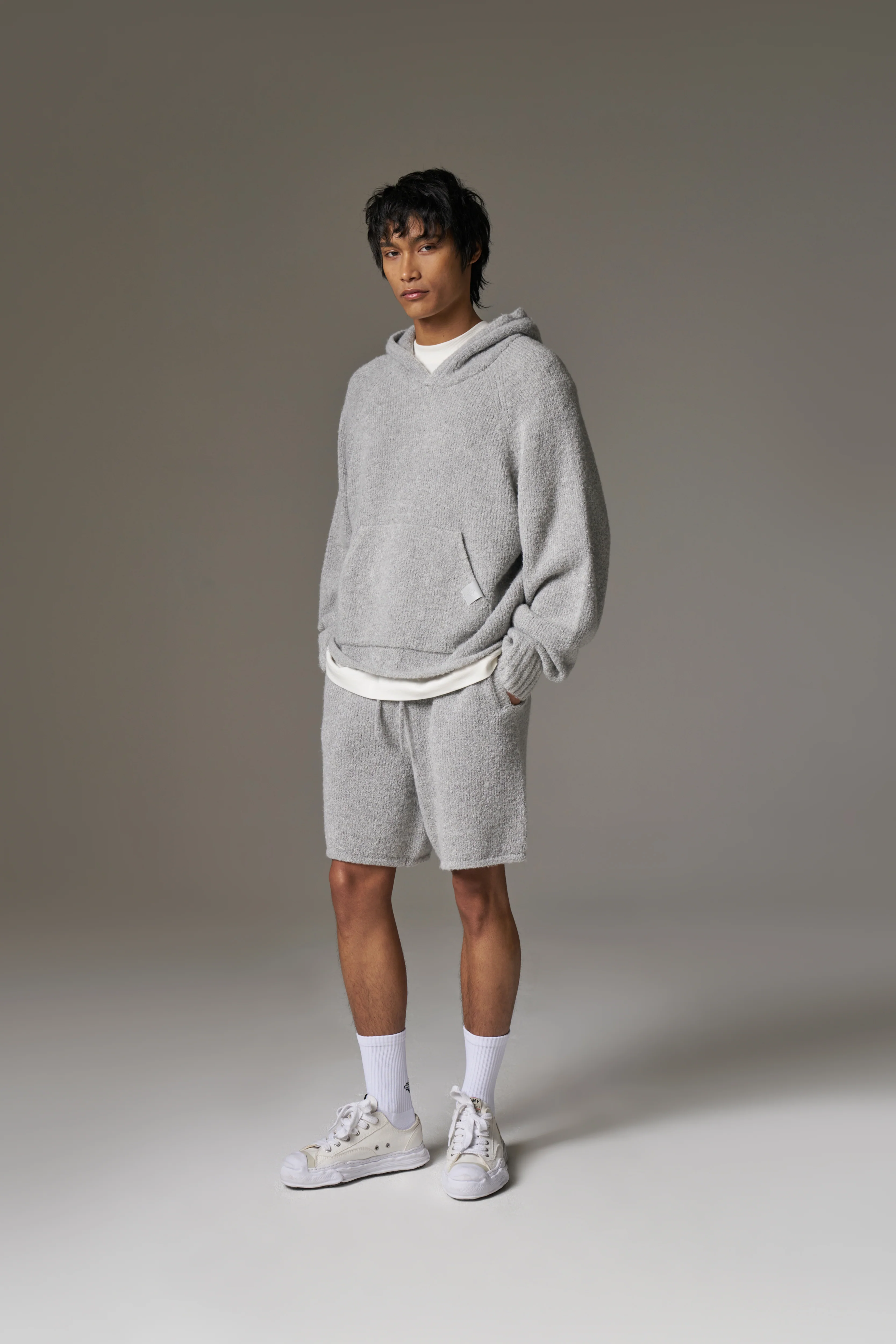 BOUCLE KNIT HOODIE - GREY MARL - Image 4