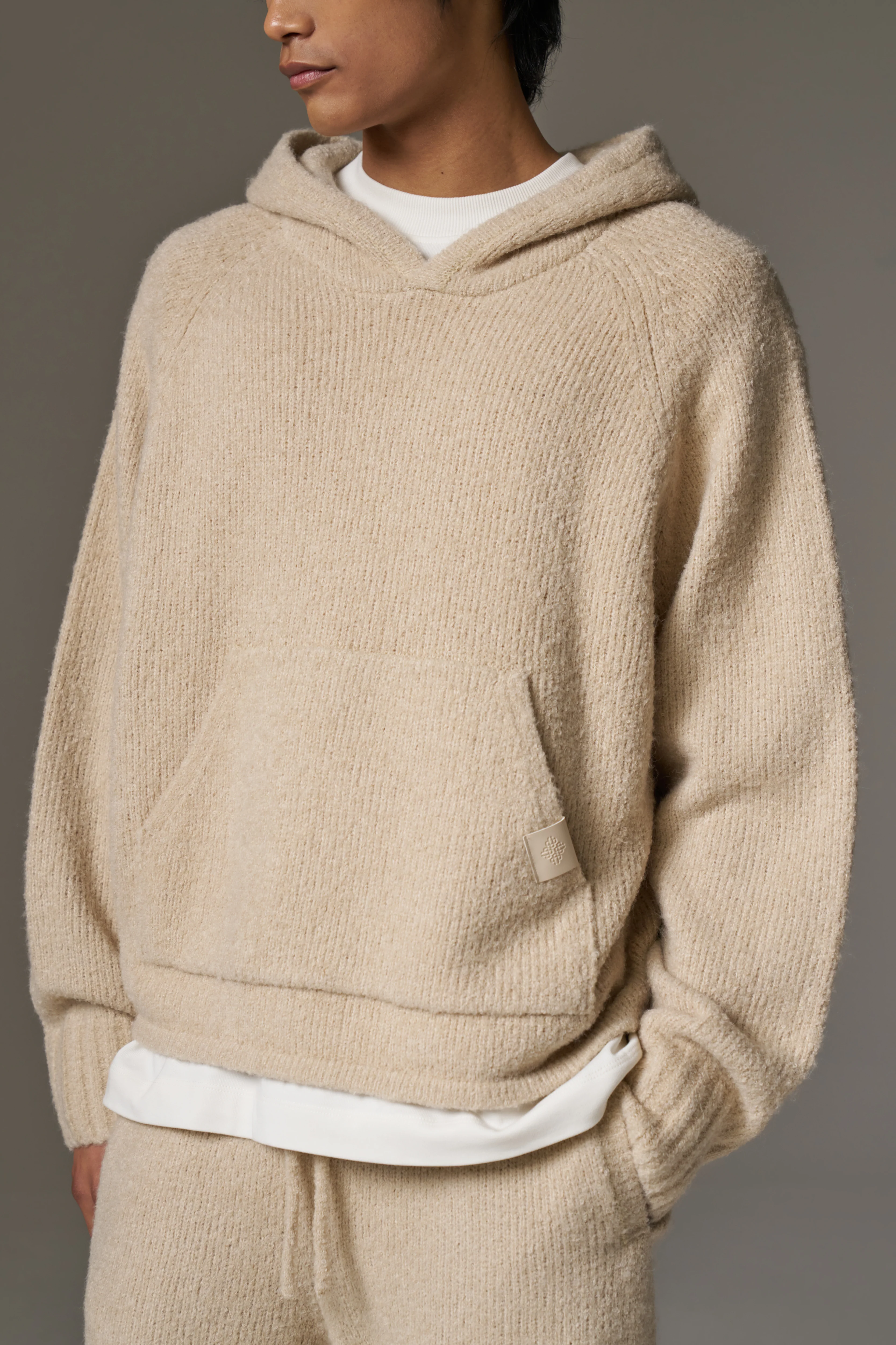 BOUCLE KNIT HOODIE - STONE - Image 6