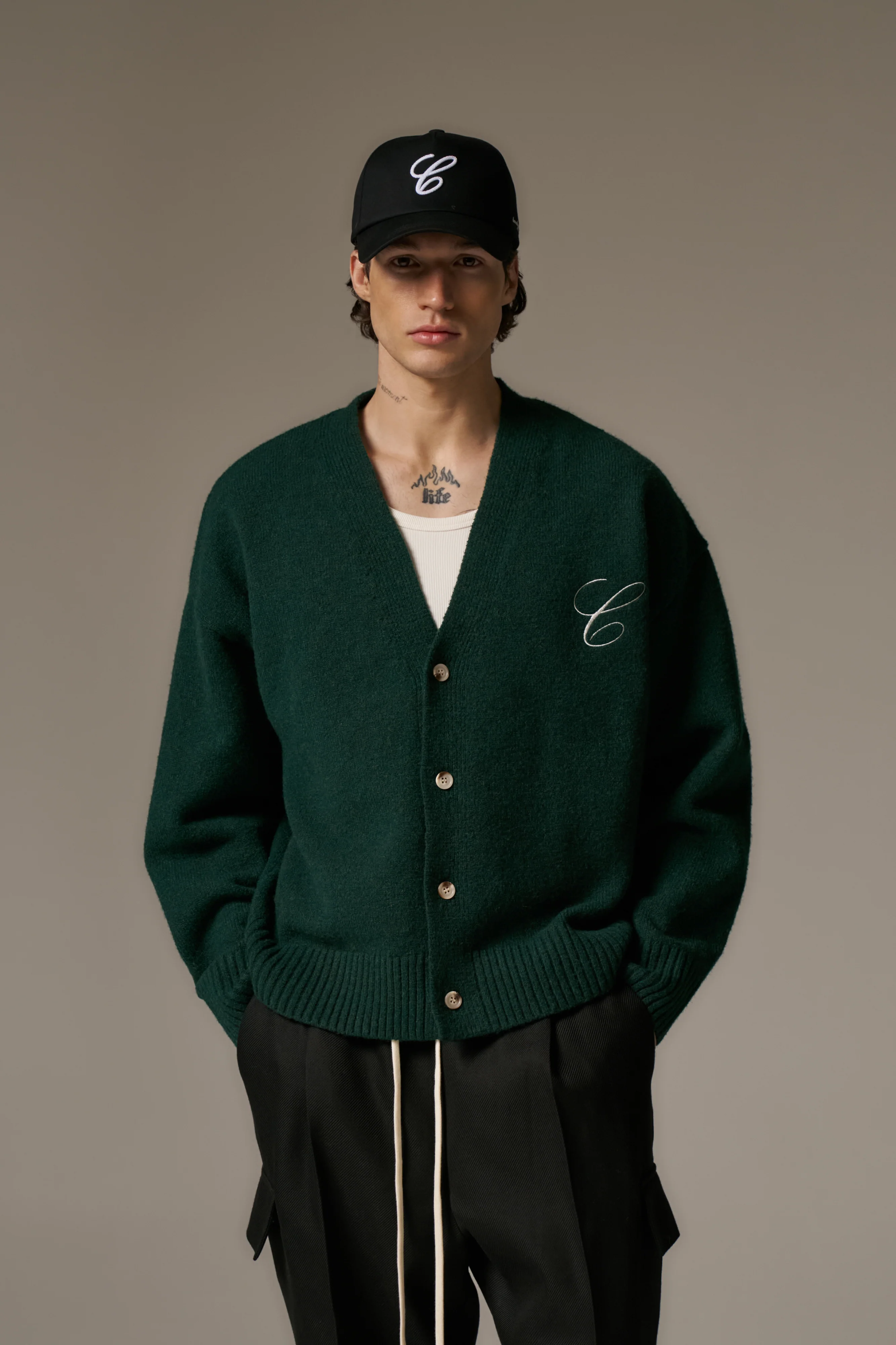 C EMBROIDERY KNITTED CARDIGAN - FOREST GREEN - Image 2