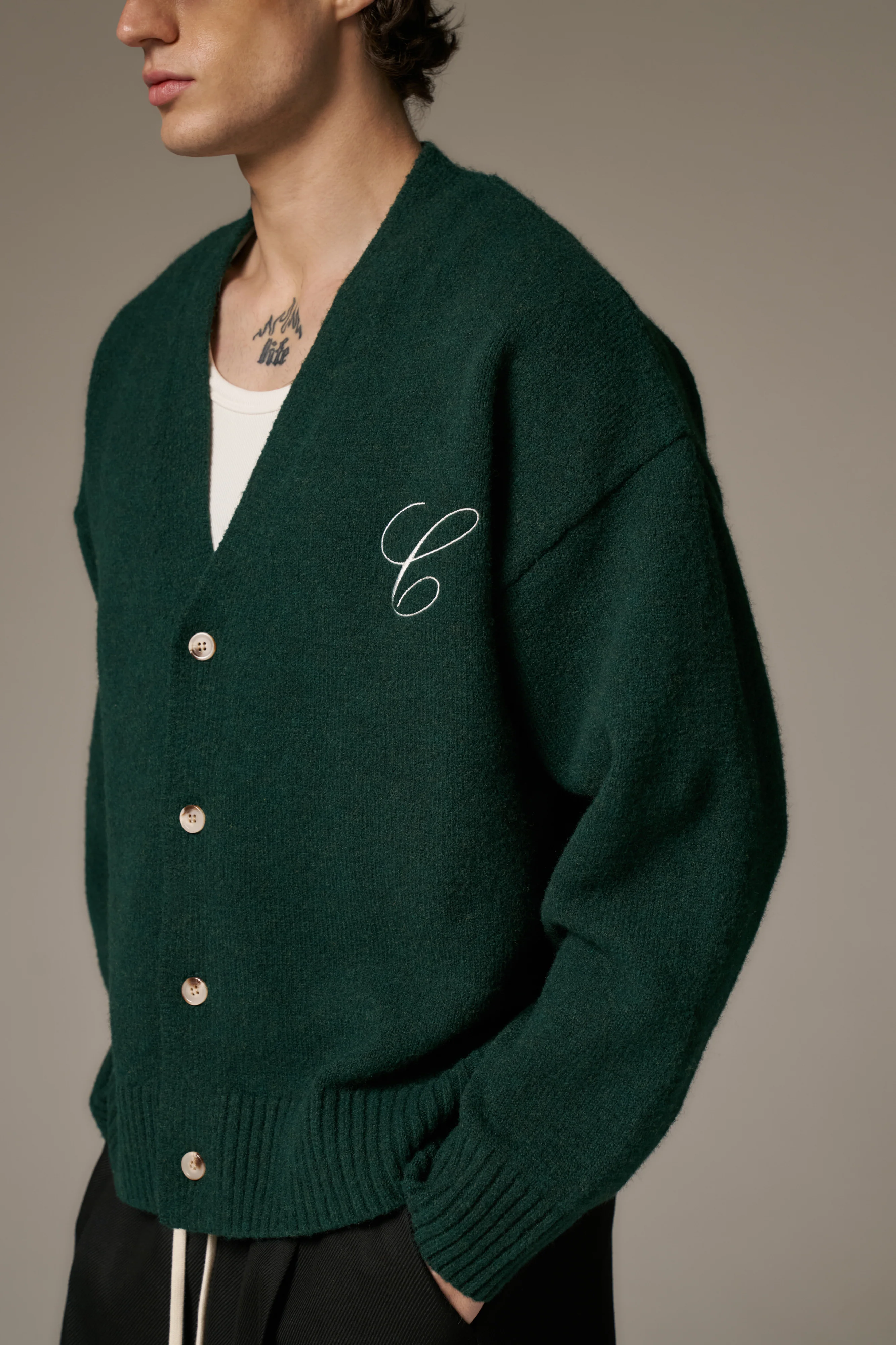 C EMBROIDERY KNITTED CARDIGAN - FOREST GREEN - Image 5