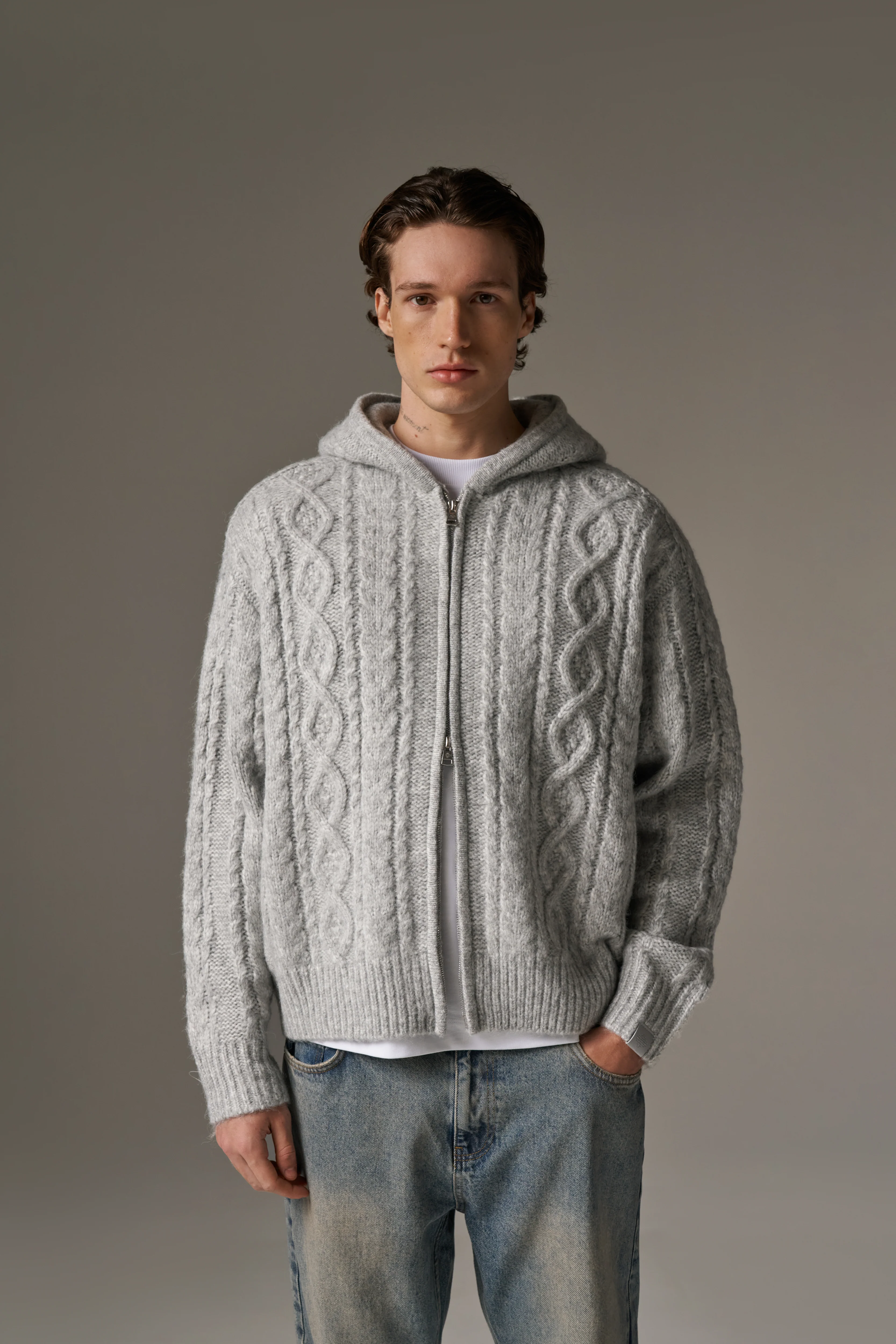 CABLE KNIT ZIP THROUGH HOODIE - GREY - Image 2