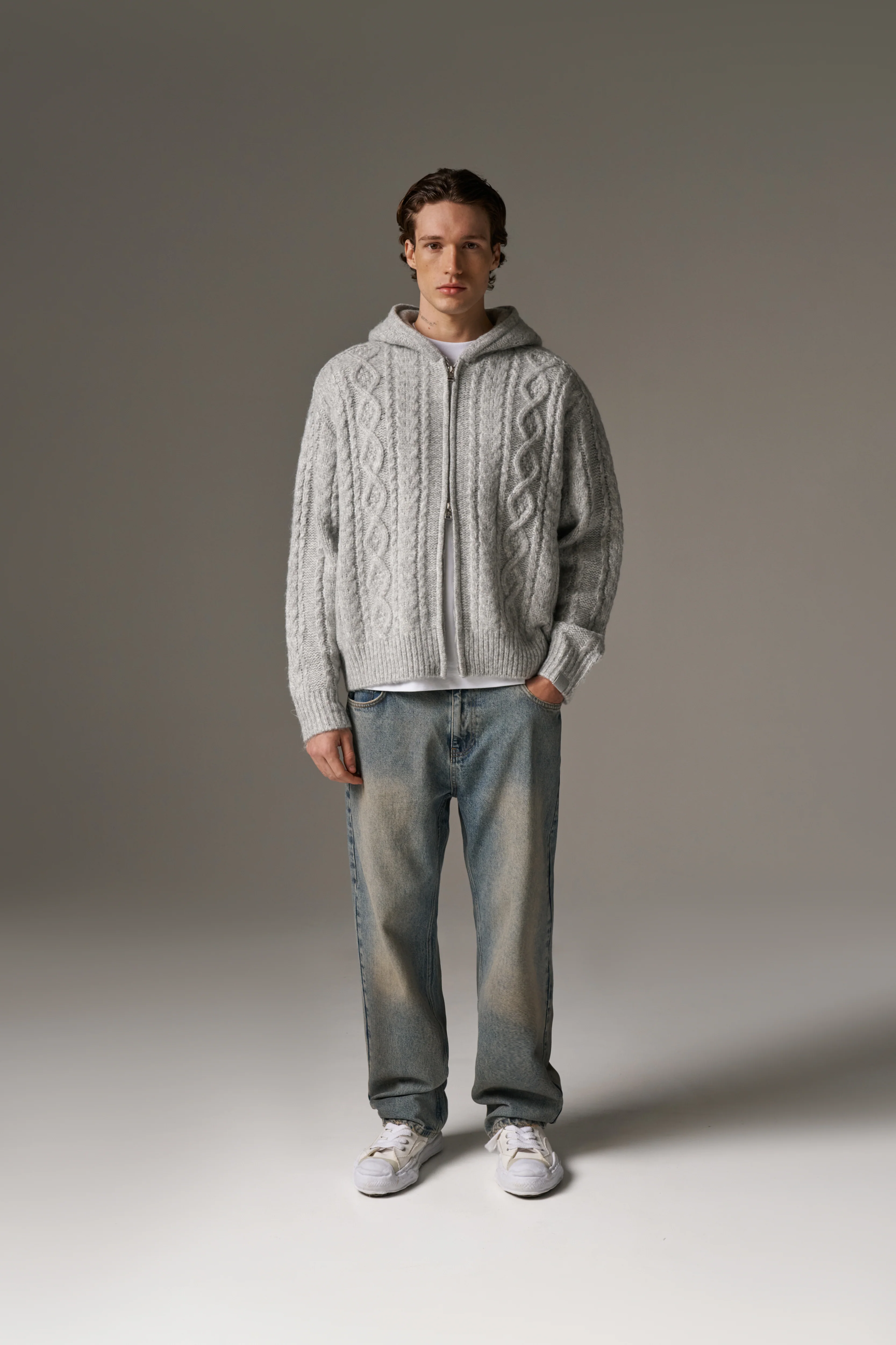 CABLE KNIT ZIP THROUGH HOODIE - GREY - Image 3