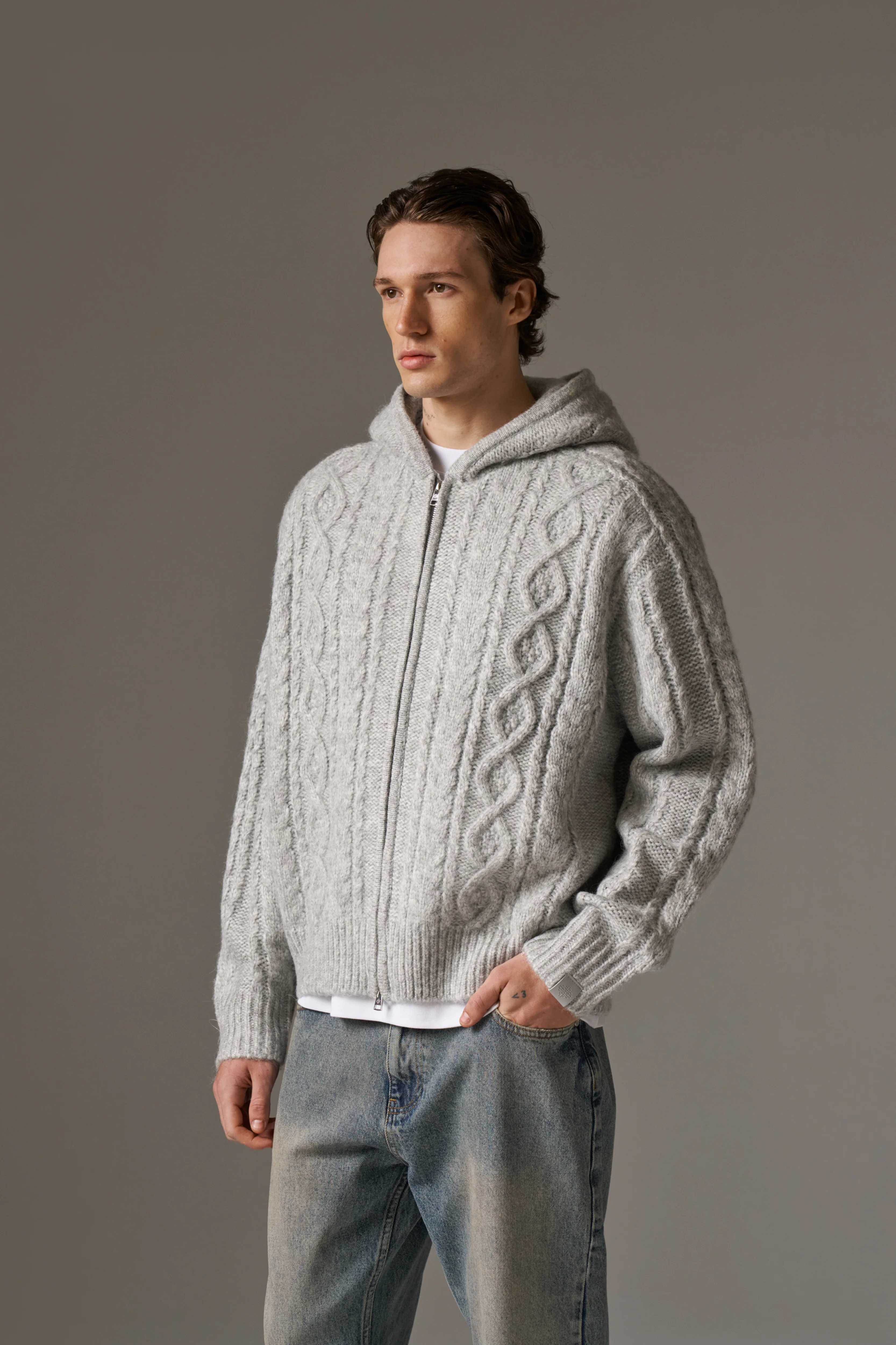 CABLE KNIT ZIP THROUGH HOODIE - GREY - Image 4