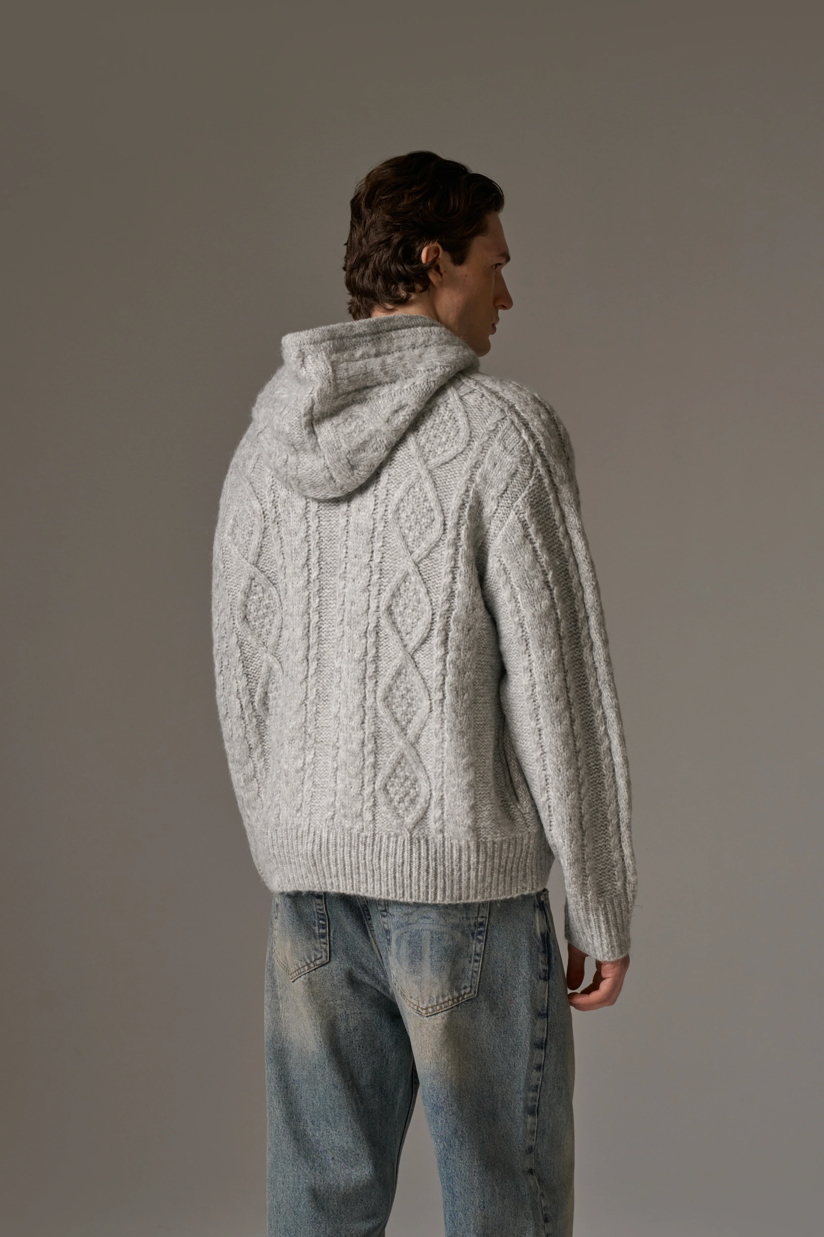CABLE KNIT ZIP THROUGH HOODIE - GREY - Image 7