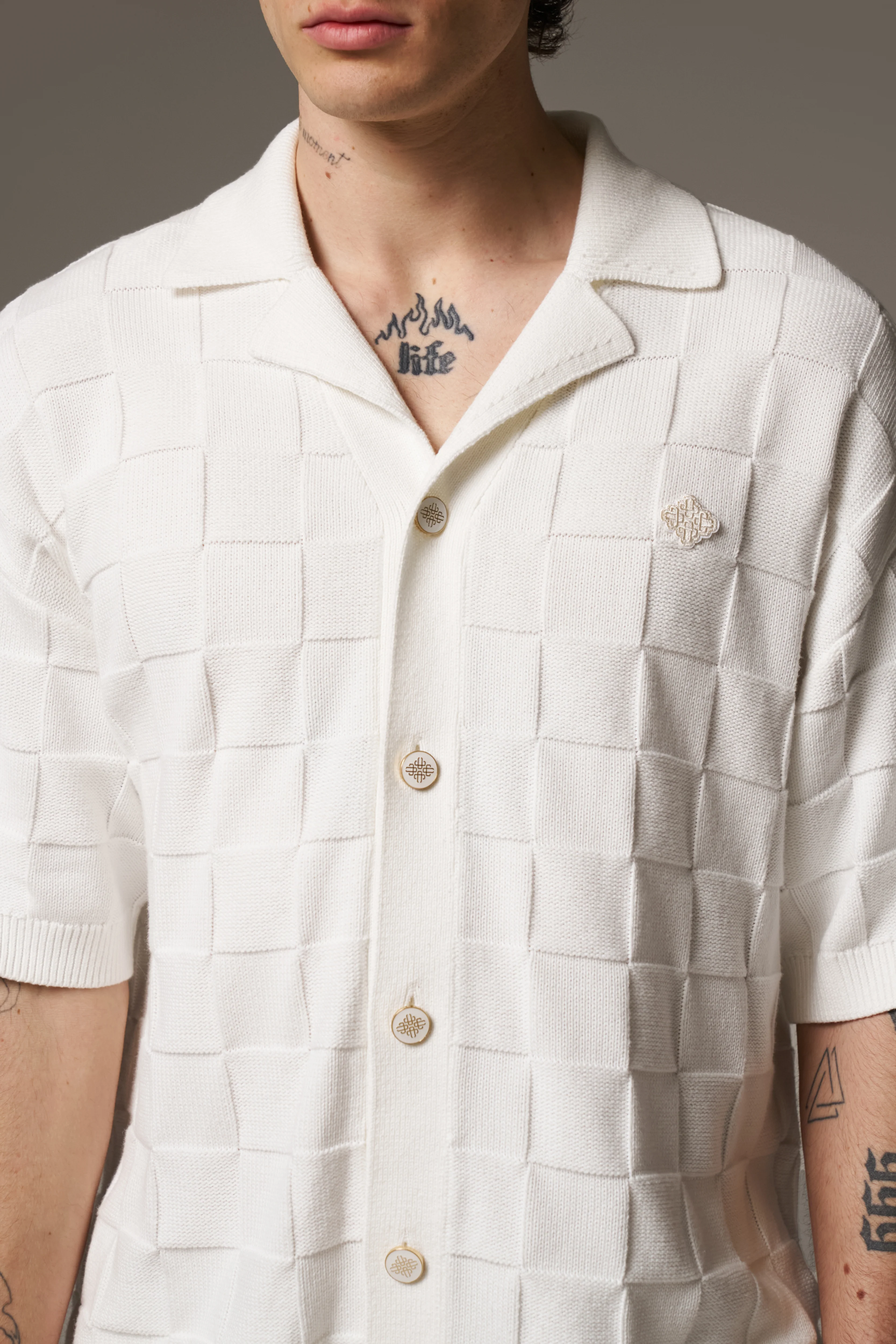 CHECKERBOARD KNITTED SHIRT - OFF WHITE - Image 6