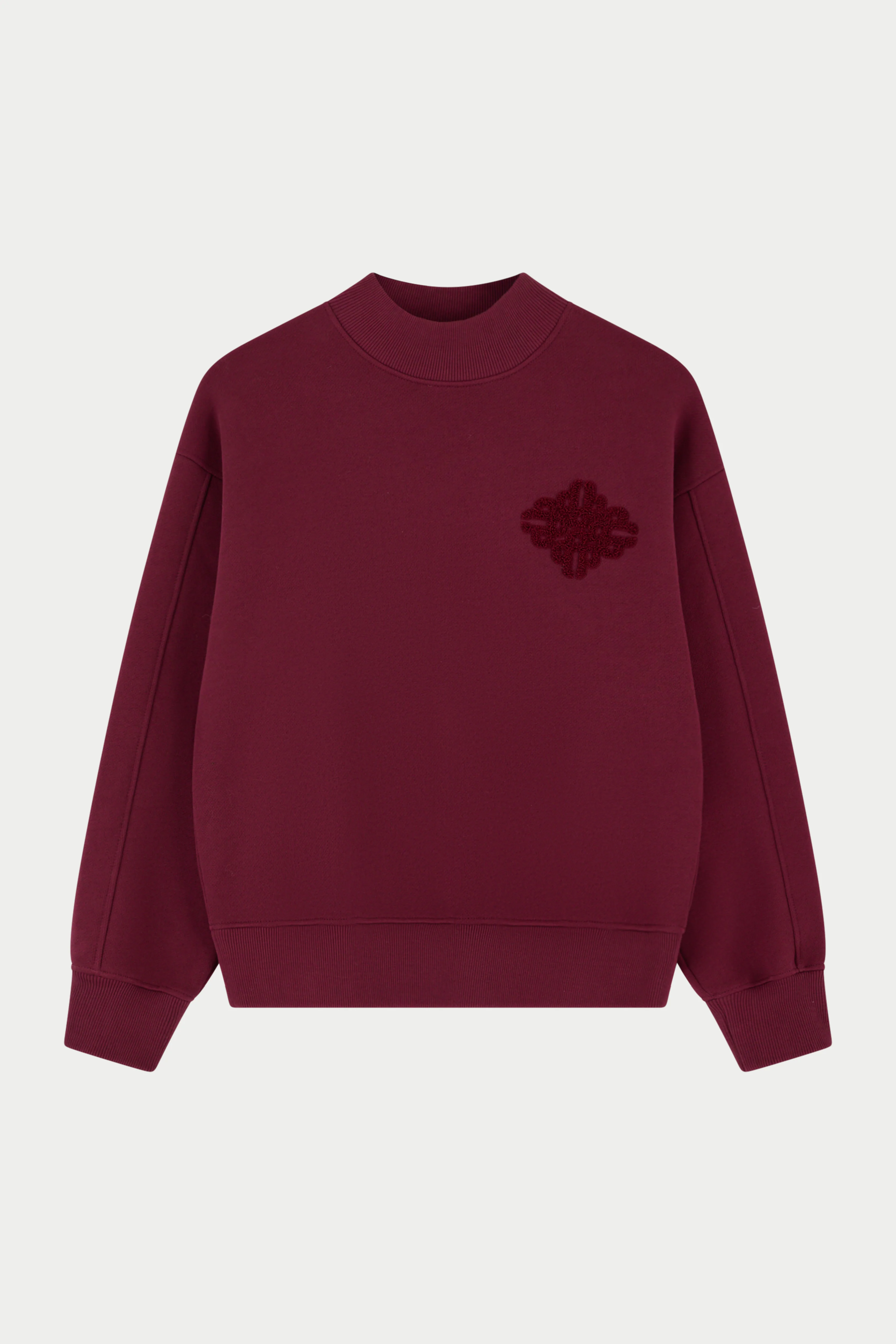 CHENILLE EMBLEM MOCK NECK CREW - BURGUNDY