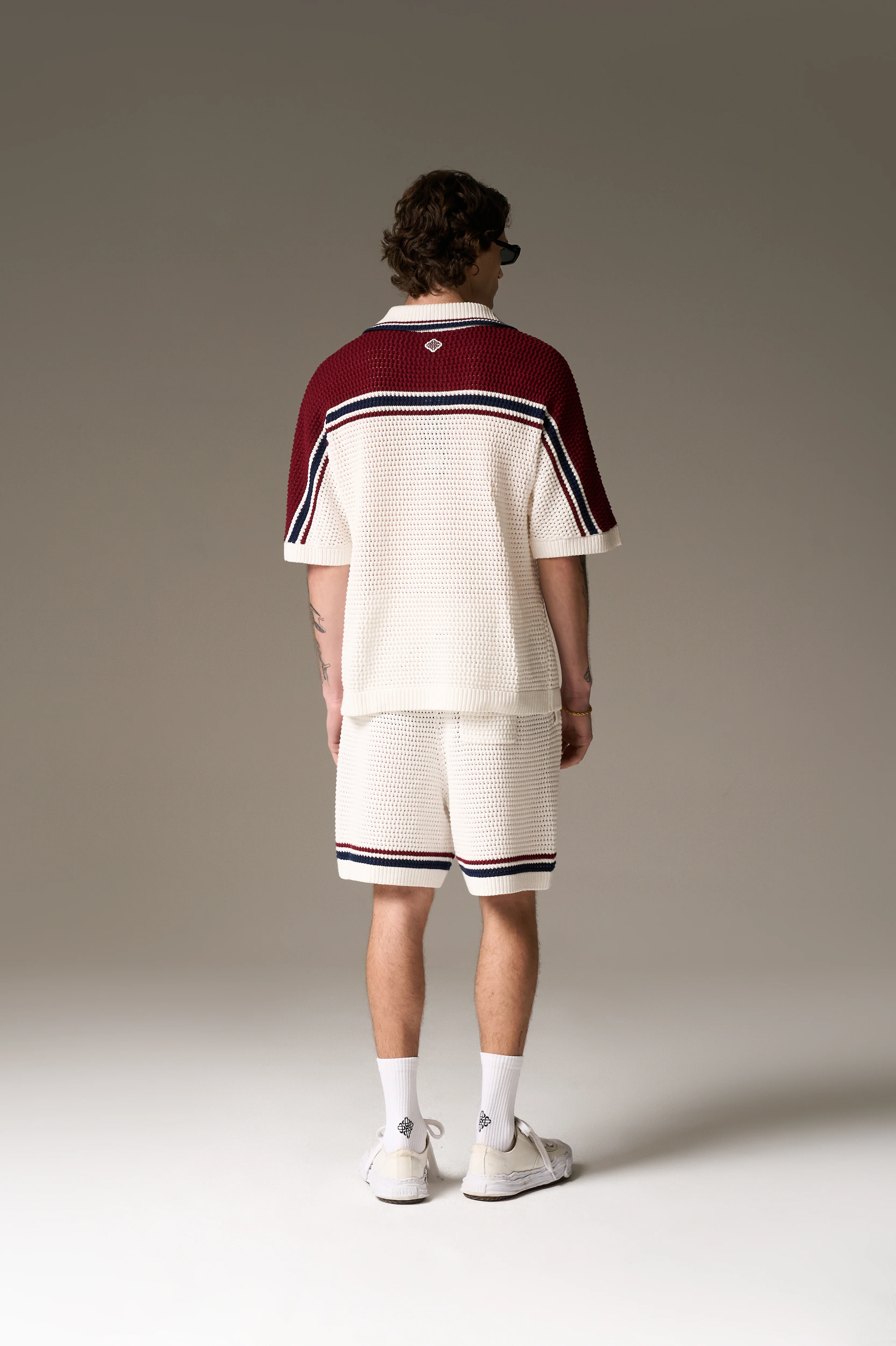 COLOUR BLOCK KNITTED STRIPE SHIRT - BURGUNDY - Image 7