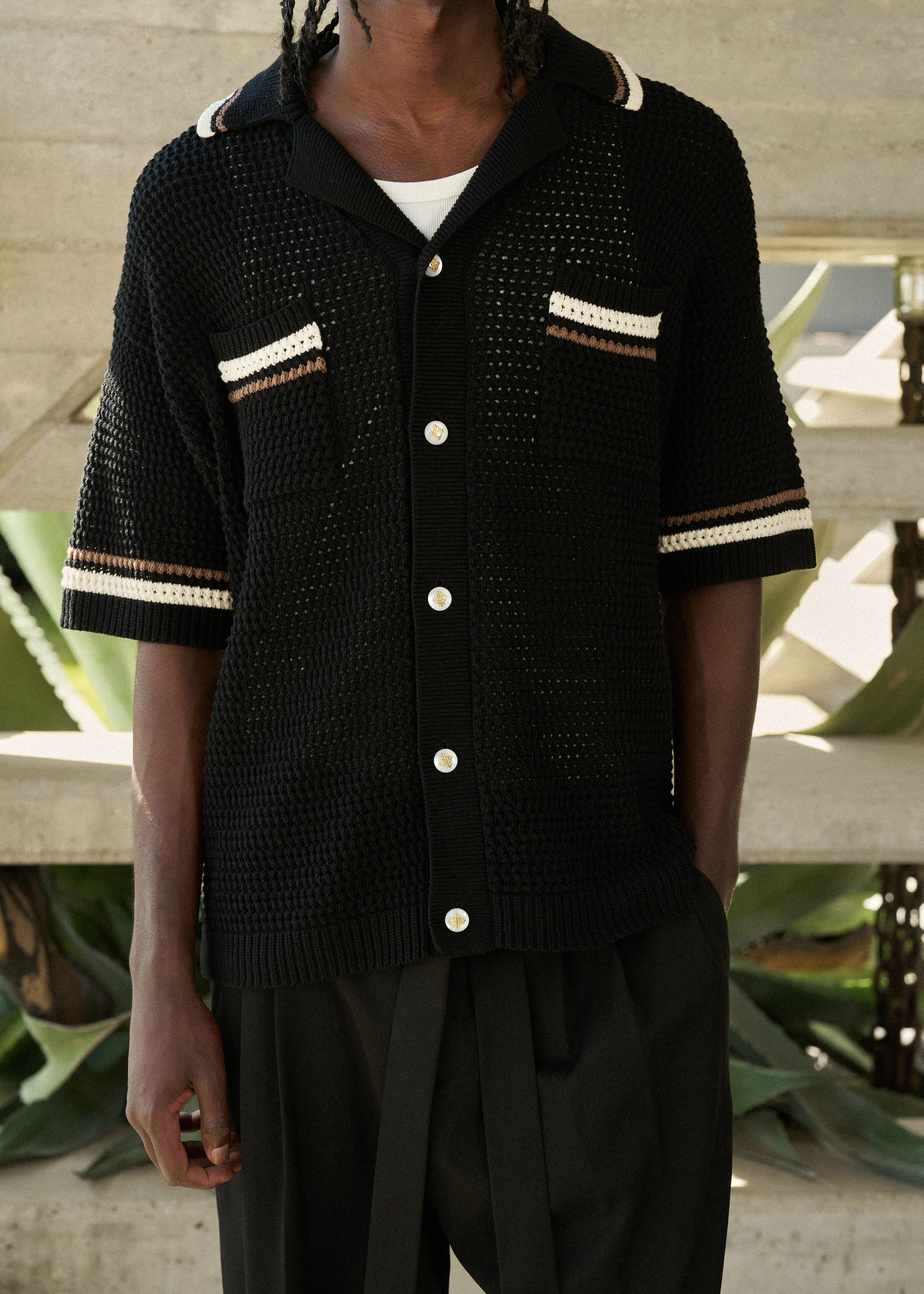 CROCHET KNITTED STRIPE BUTTON THROUGH SHIRT - BLACK - Image 3