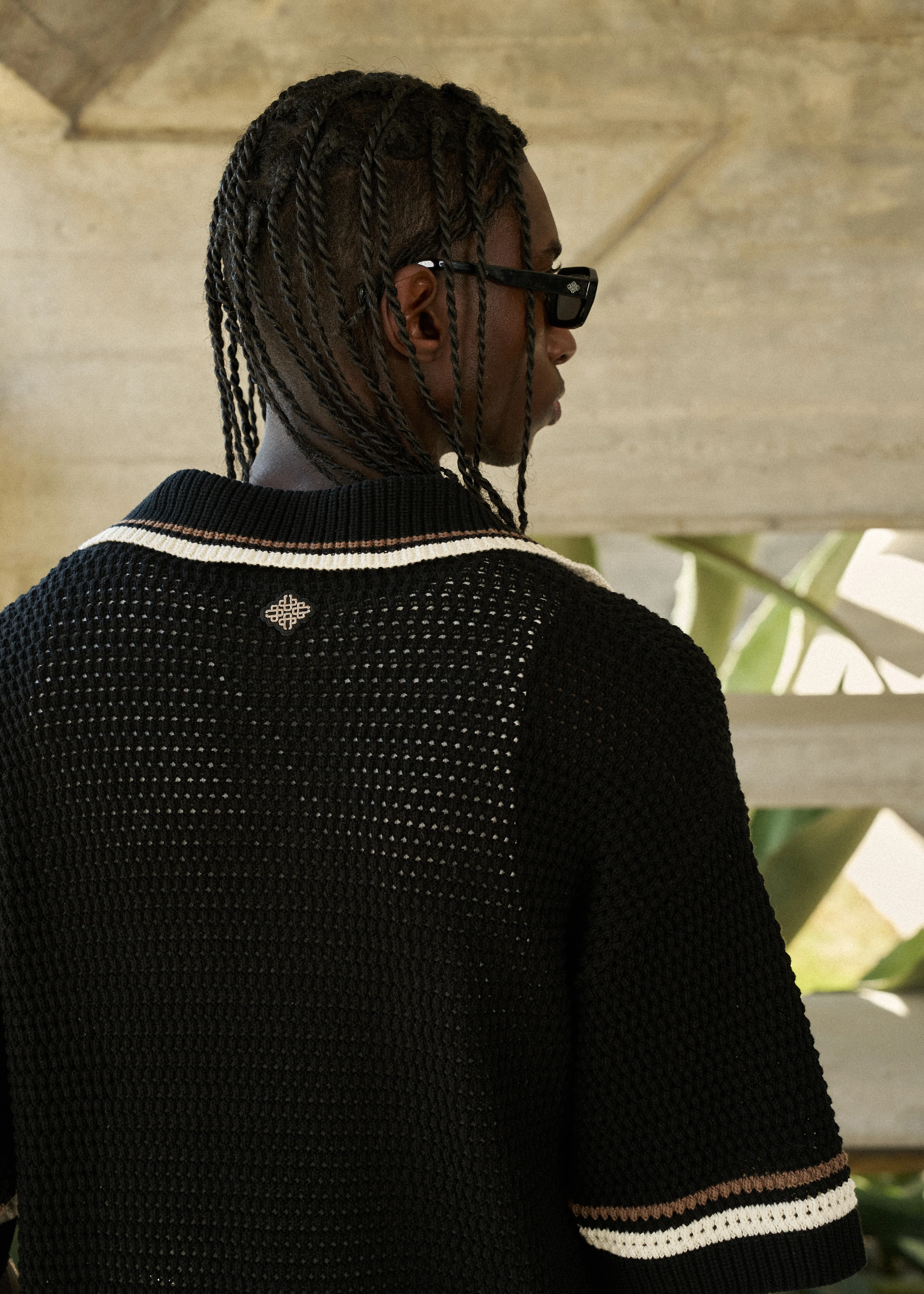 CROCHET KNITTED STRIPE BUTTON THROUGH SHIRT - BLACK - Image 4
