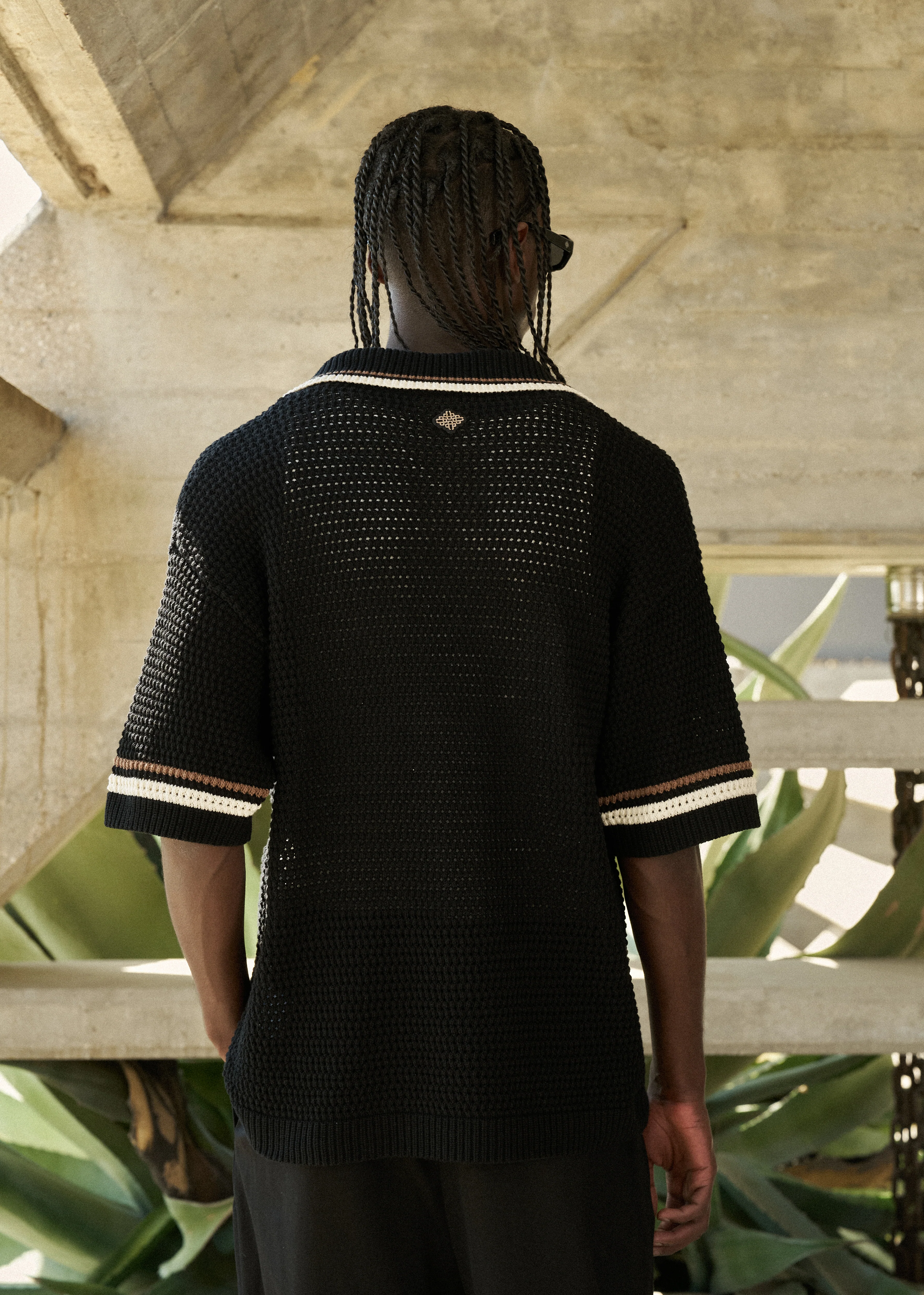 CROCHET KNITTED STRIPE BUTTON THROUGH SHIRT - BLACK - Image 5