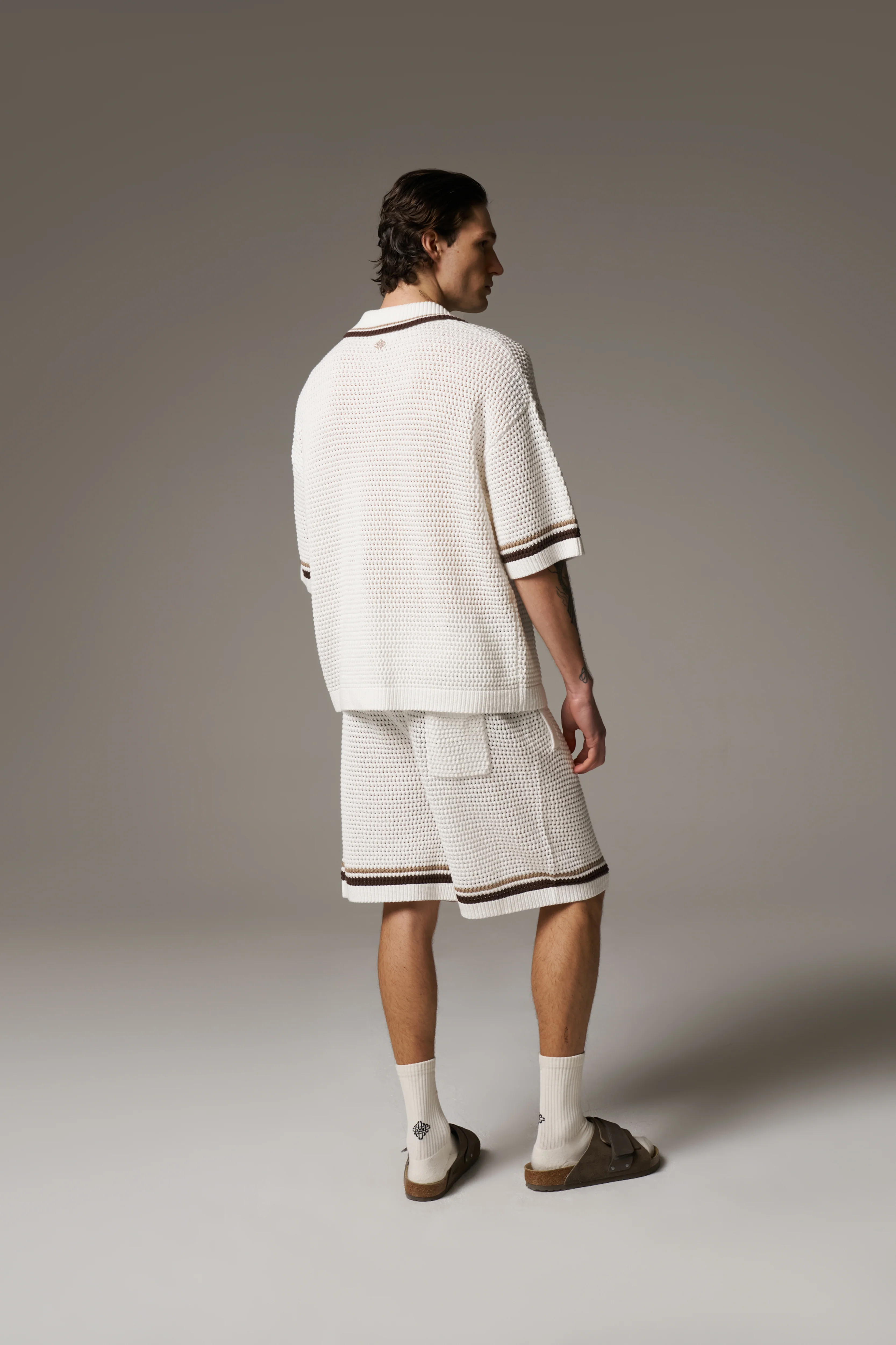 CROCHET KNITTED STRIPE SHORTS - WHITE/BROWN - Image 6