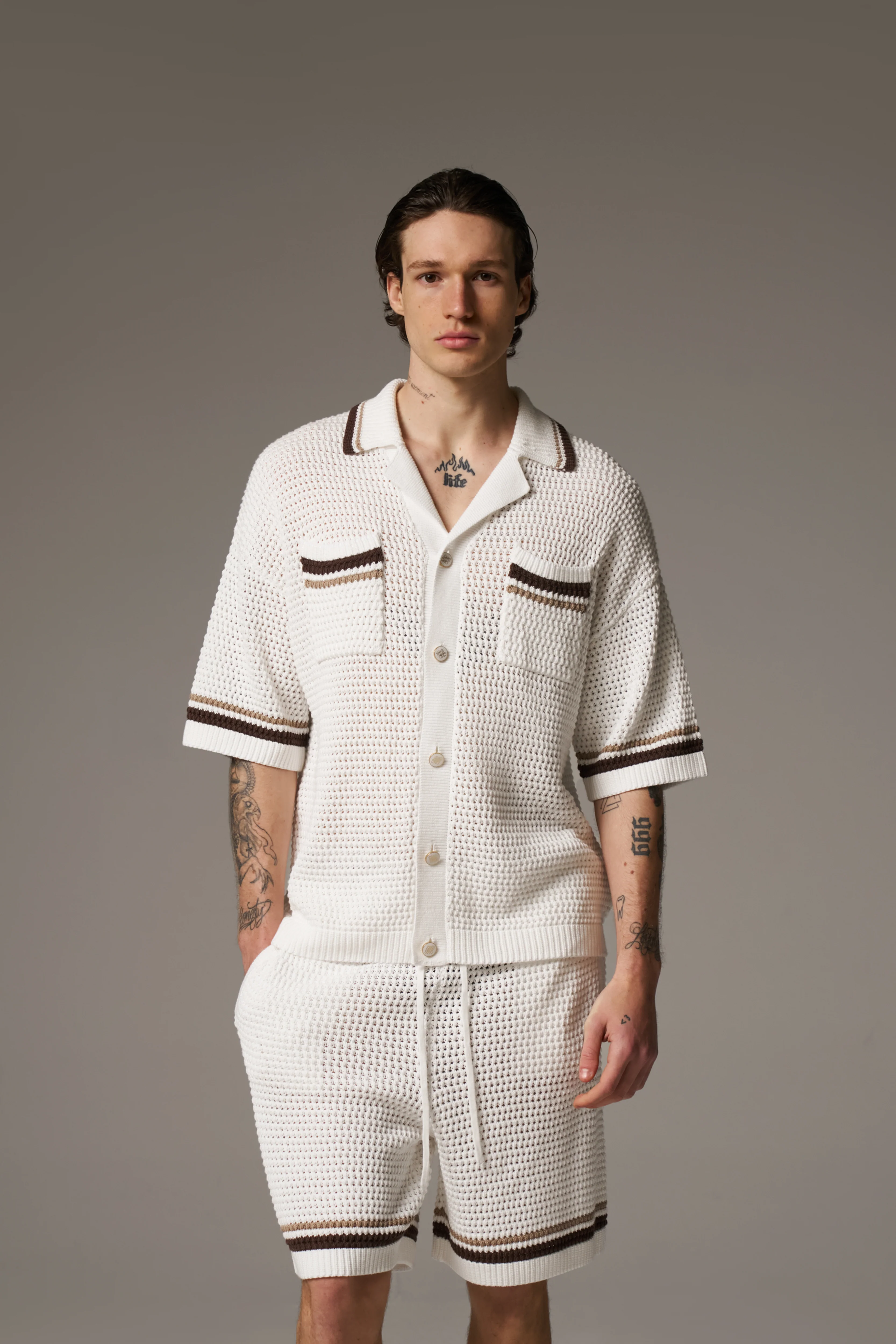 CROCHET KNITTED STRIPE SHORTS - WHITE/BROWN - Image 8
