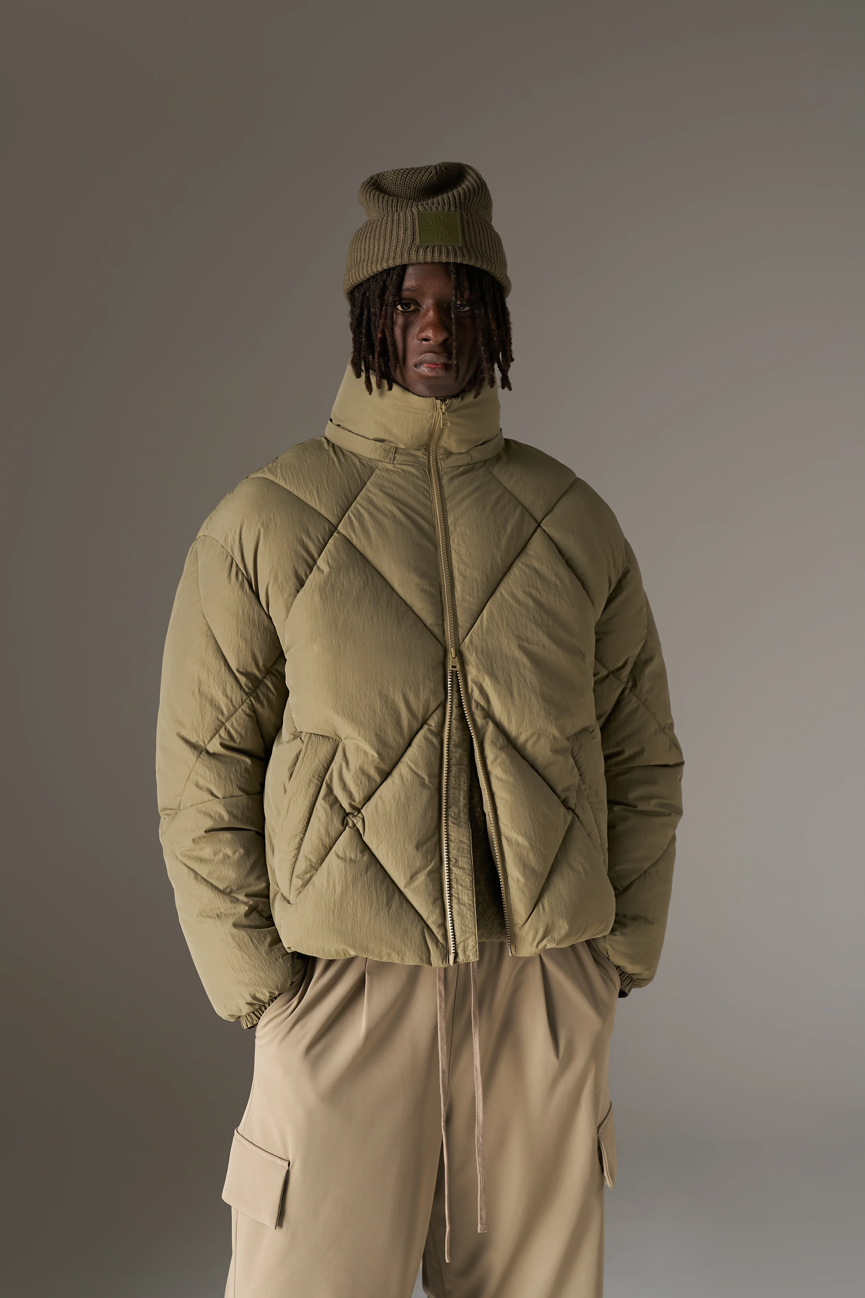 DIAMOND QUILTED PUFFER COAT - KHAKI - Image 2