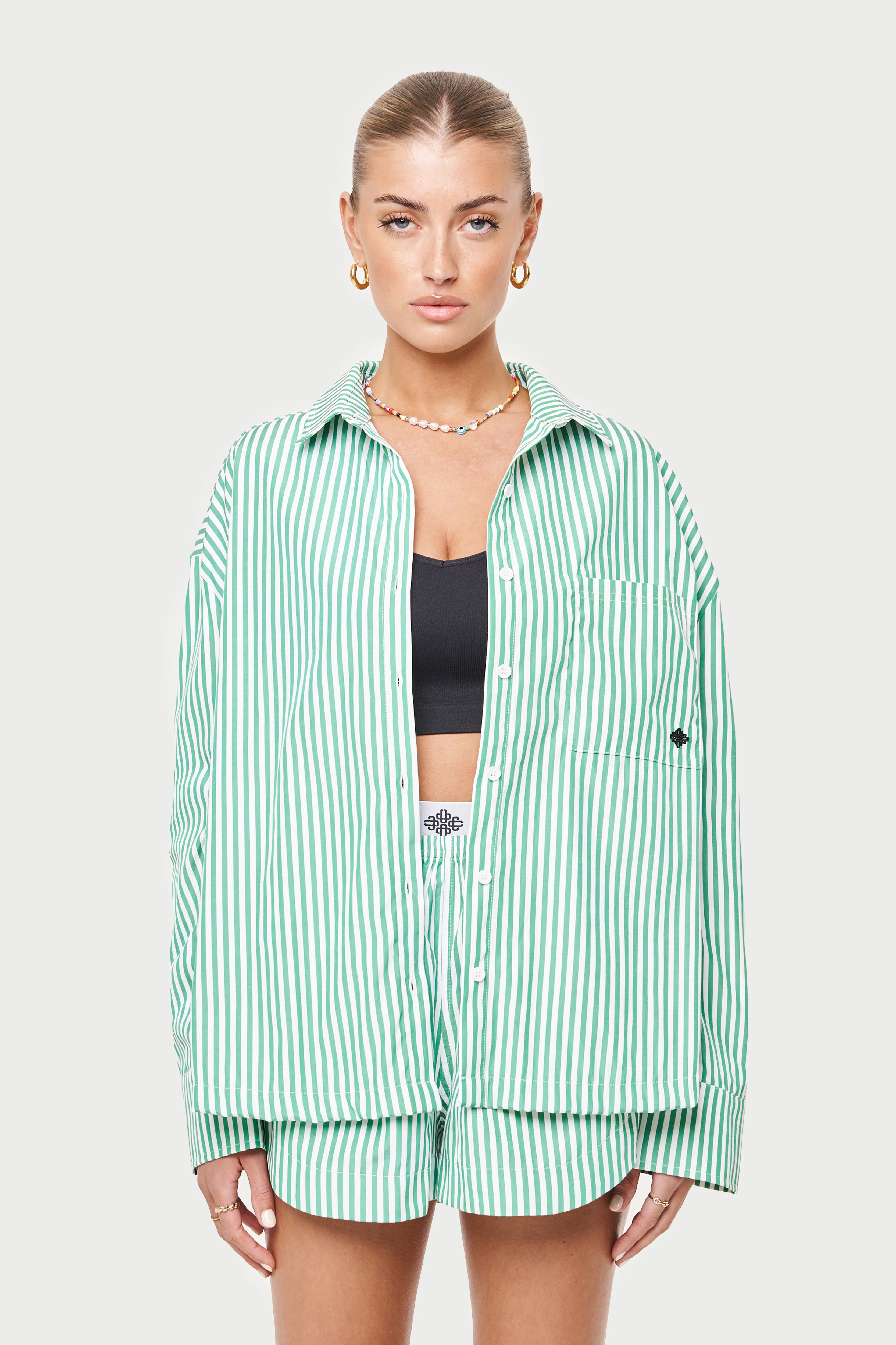 EMBLEM STRIPE OVERSIZED SHIRT - GREEN - Image 2