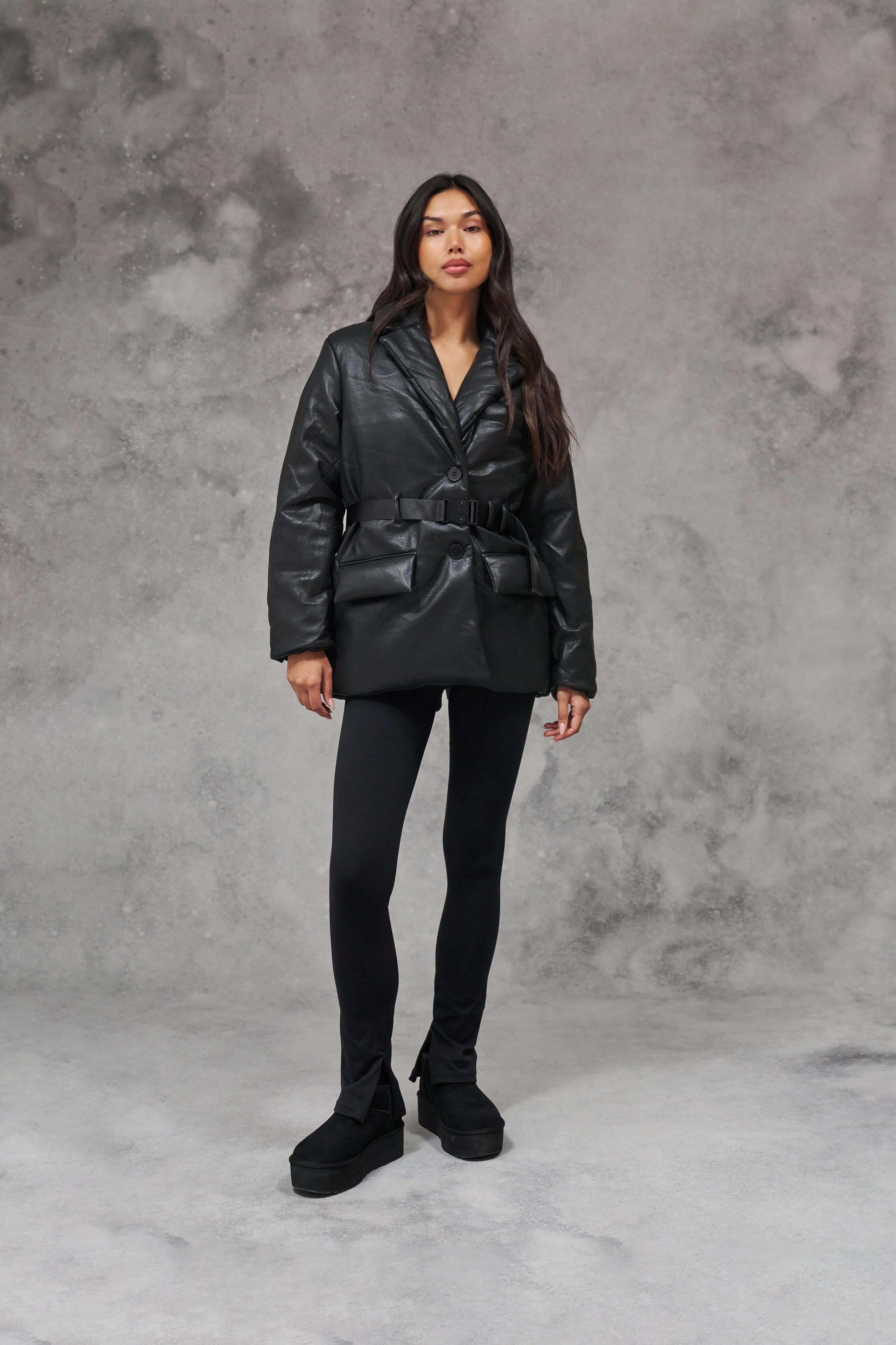 FAUX LEATHER PADDED BLAZER COAT - BLACK - Image 3