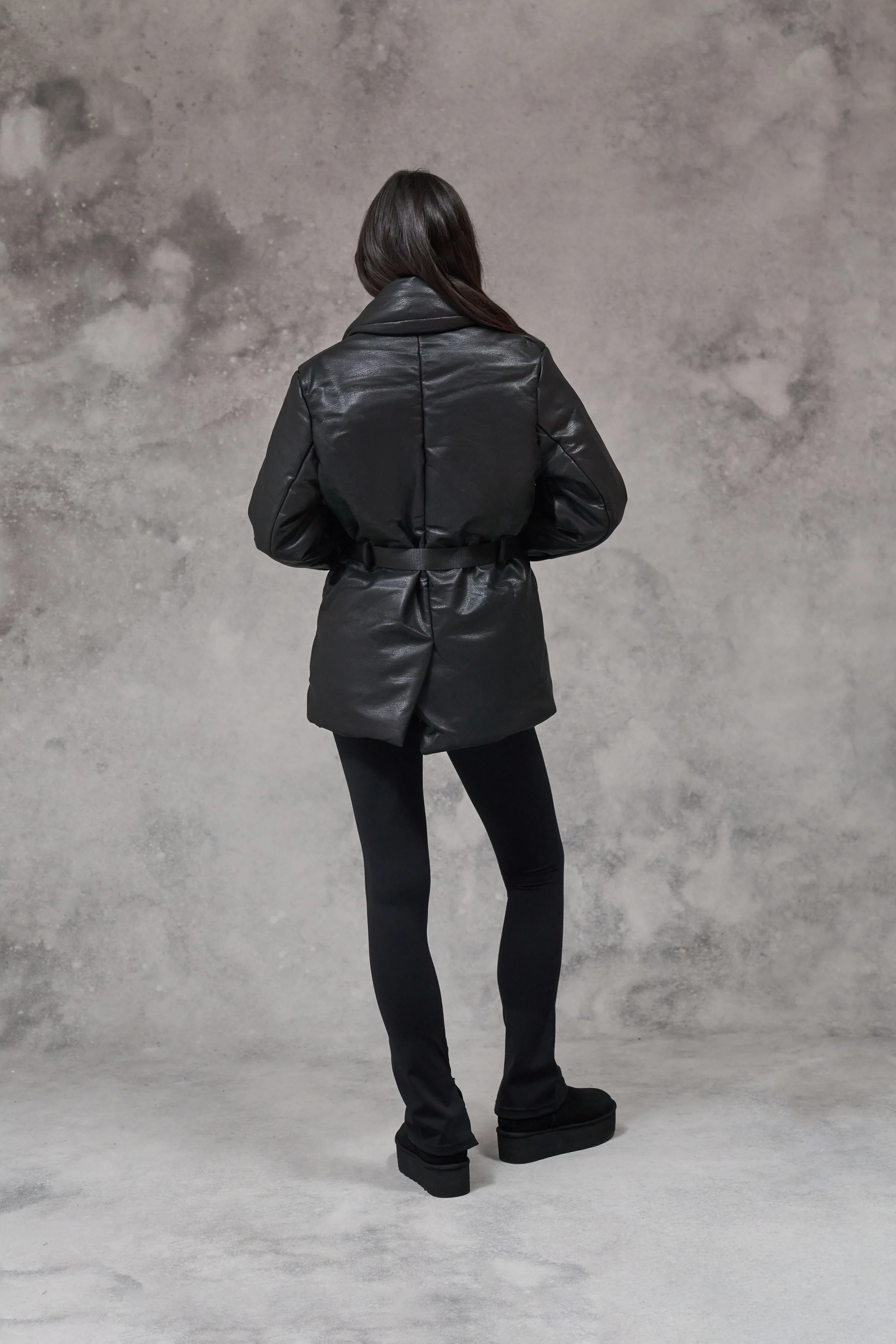 FAUX LEATHER PADDED BLAZER COAT - BLACK - Image 4