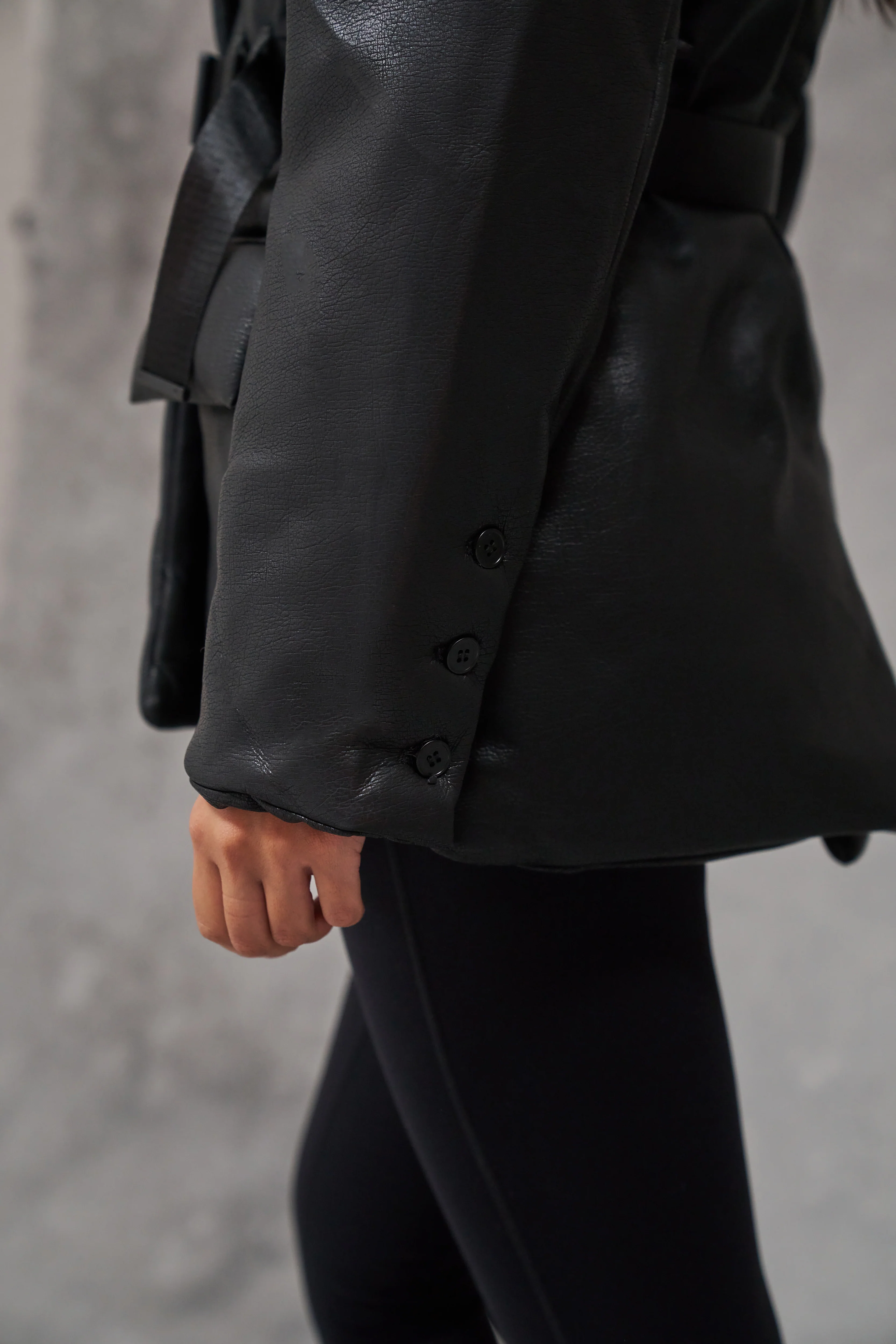 FAUX LEATHER PADDED BLAZER COAT - BLACK - Image 7