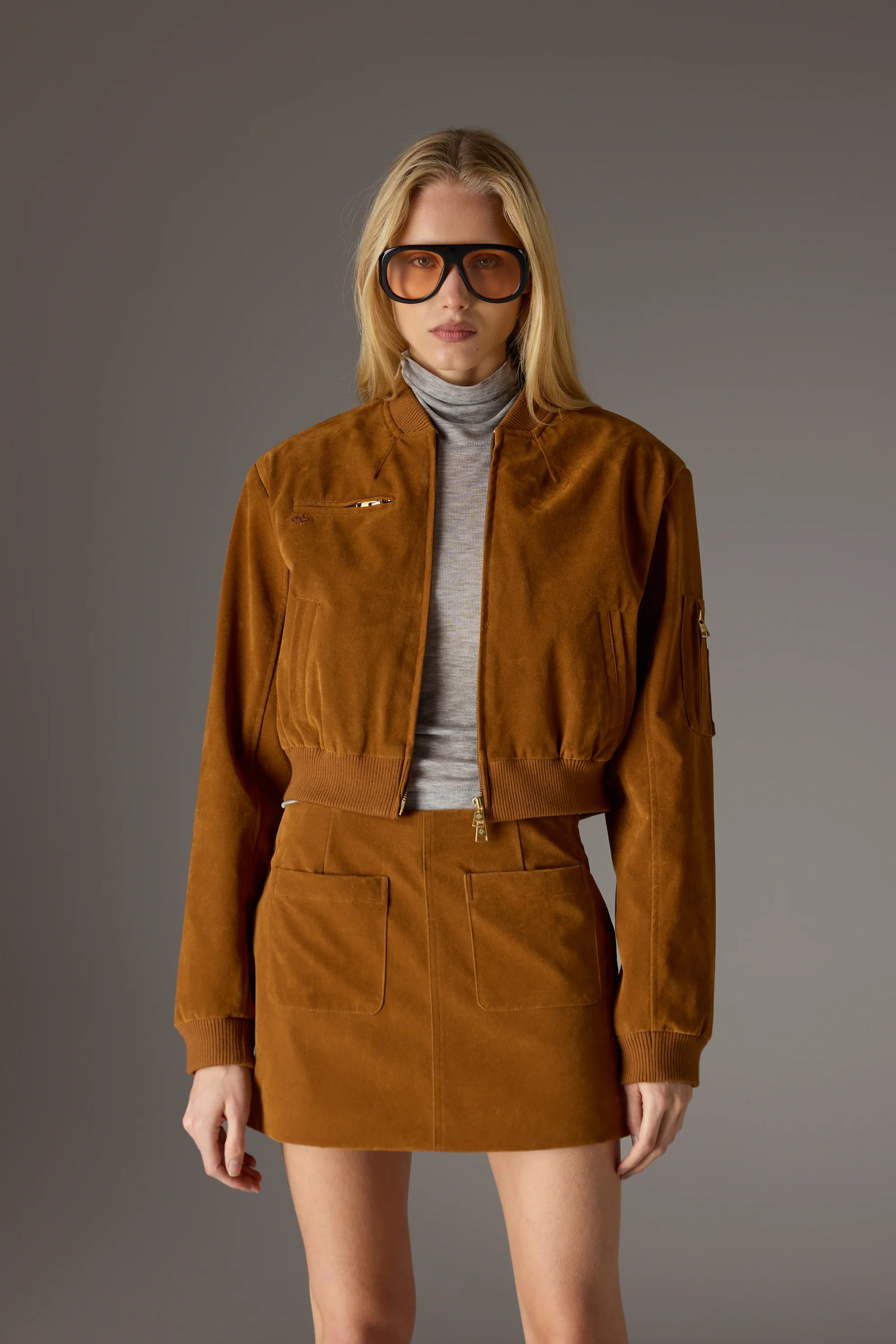 FAUX SUEDE BOMBER JACKET - TAN - Image 2