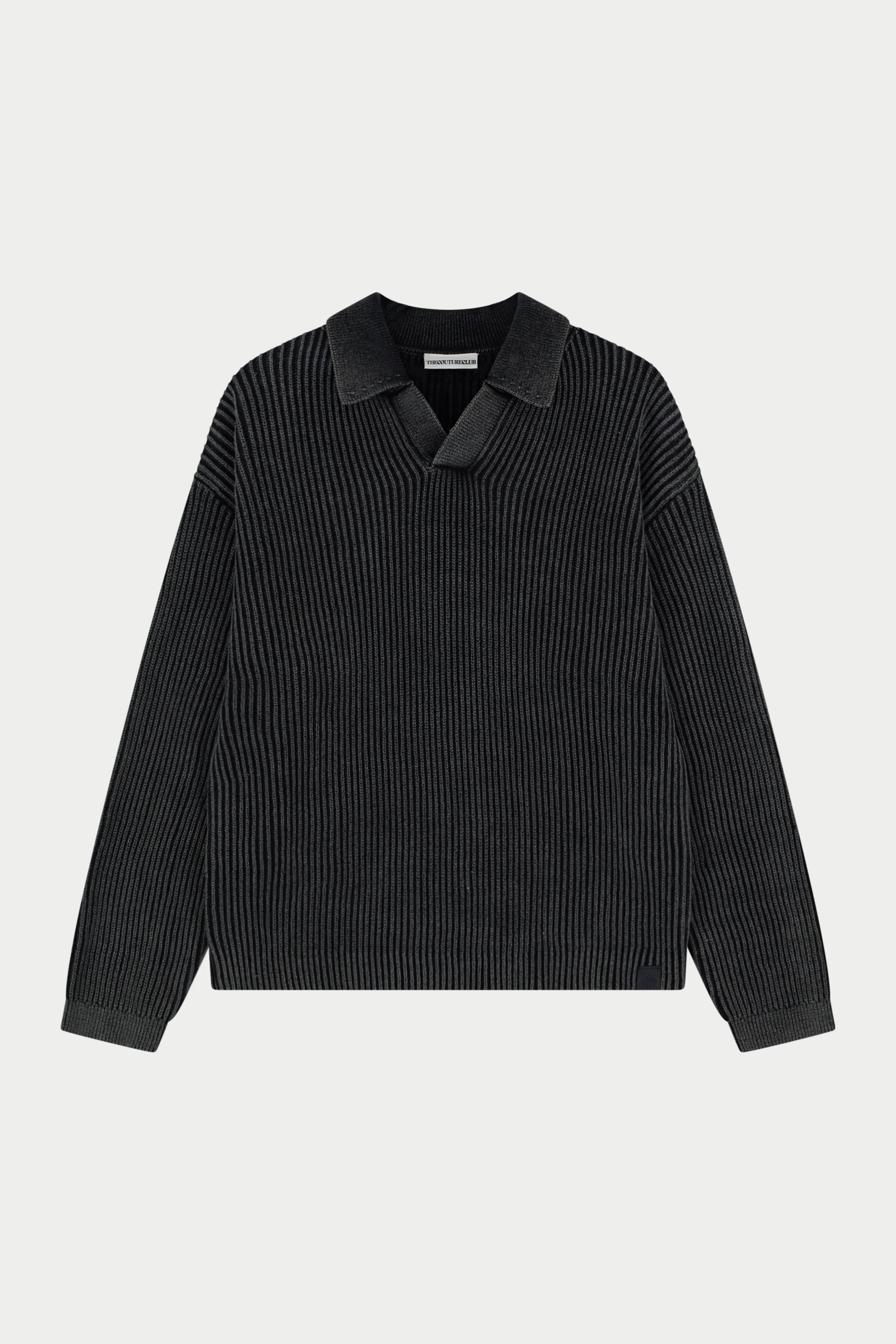 HEAVY WASHED RIB KNIT POLO - BLACK