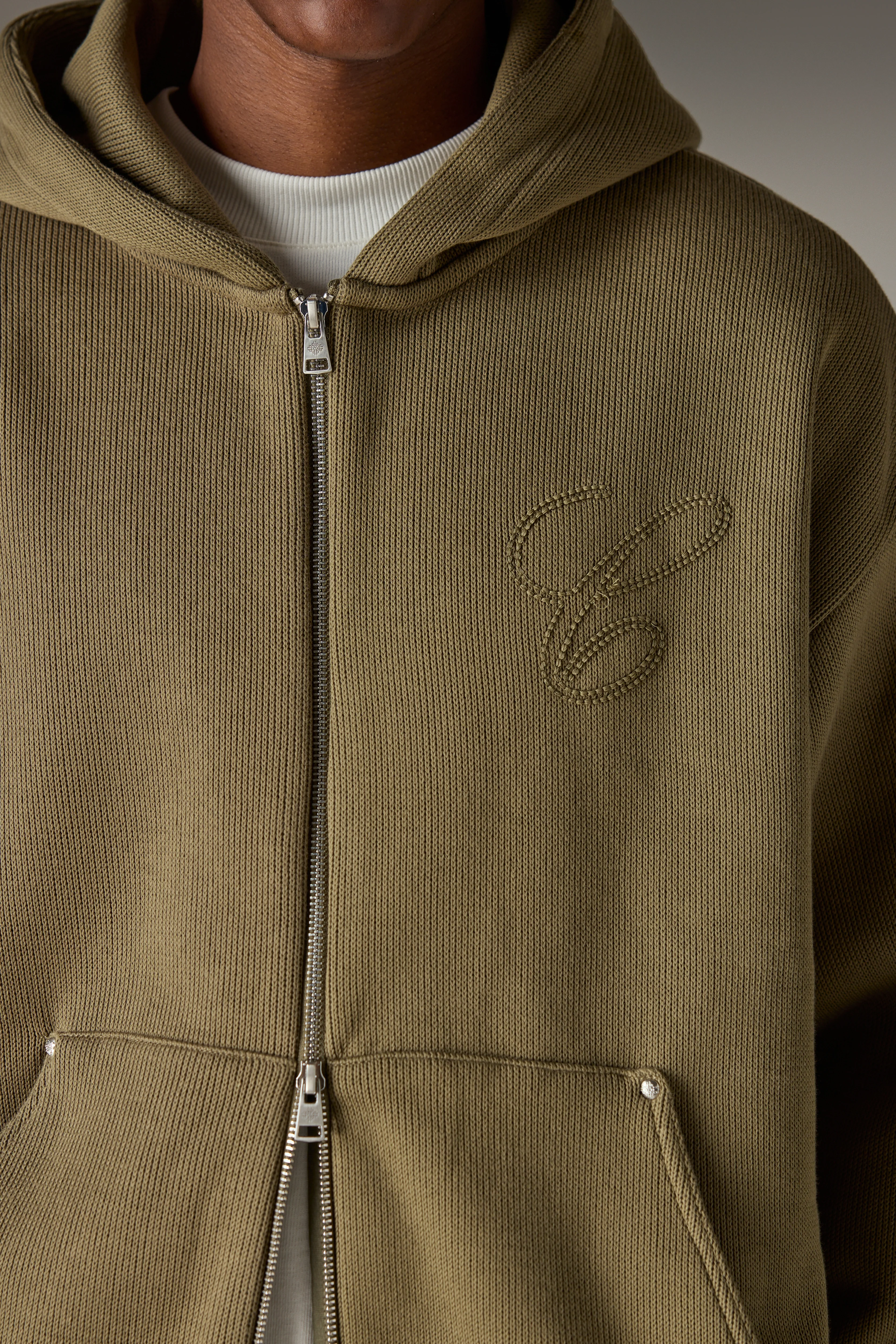 KNIT CONTRAST BINDING ZIP THROUGH HOODIE - KHAKI - Image 5