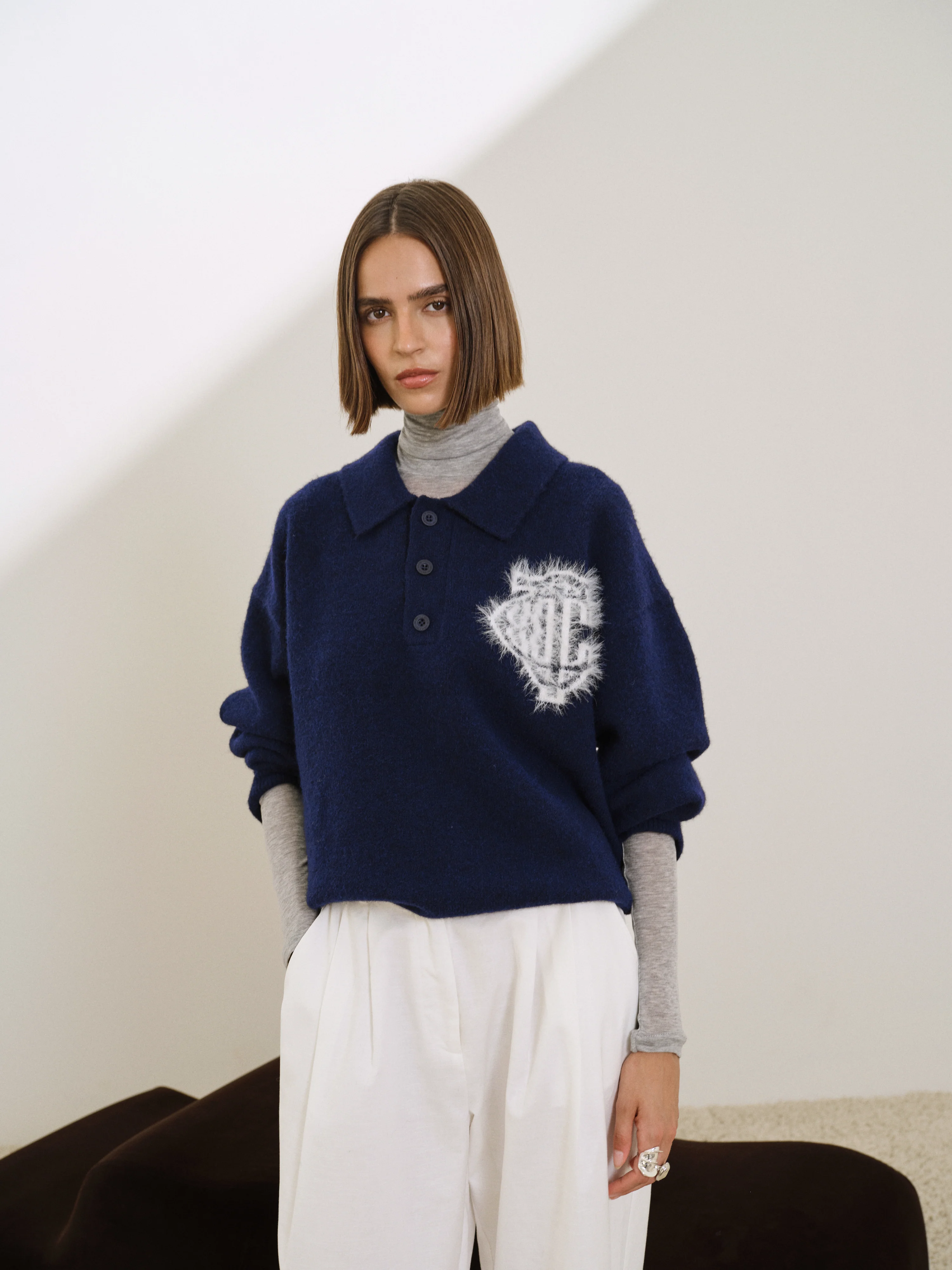 MONOGRAM FLUFFY KNIT POLO - NAVY - Image 3