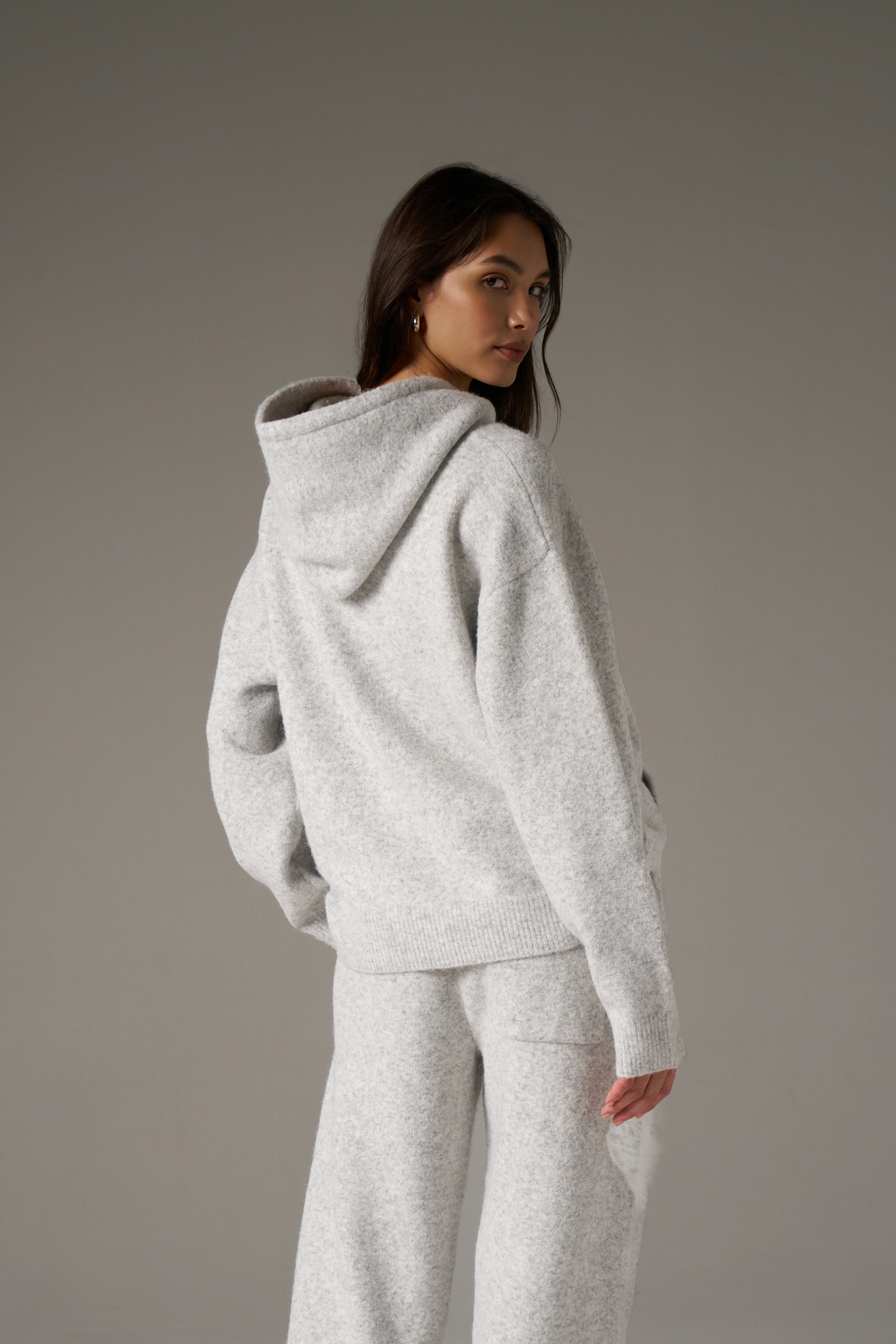MONOGRAM FLUFFY KNIT ZIP THROUGH HOODIE - GREY MARL - Image 6