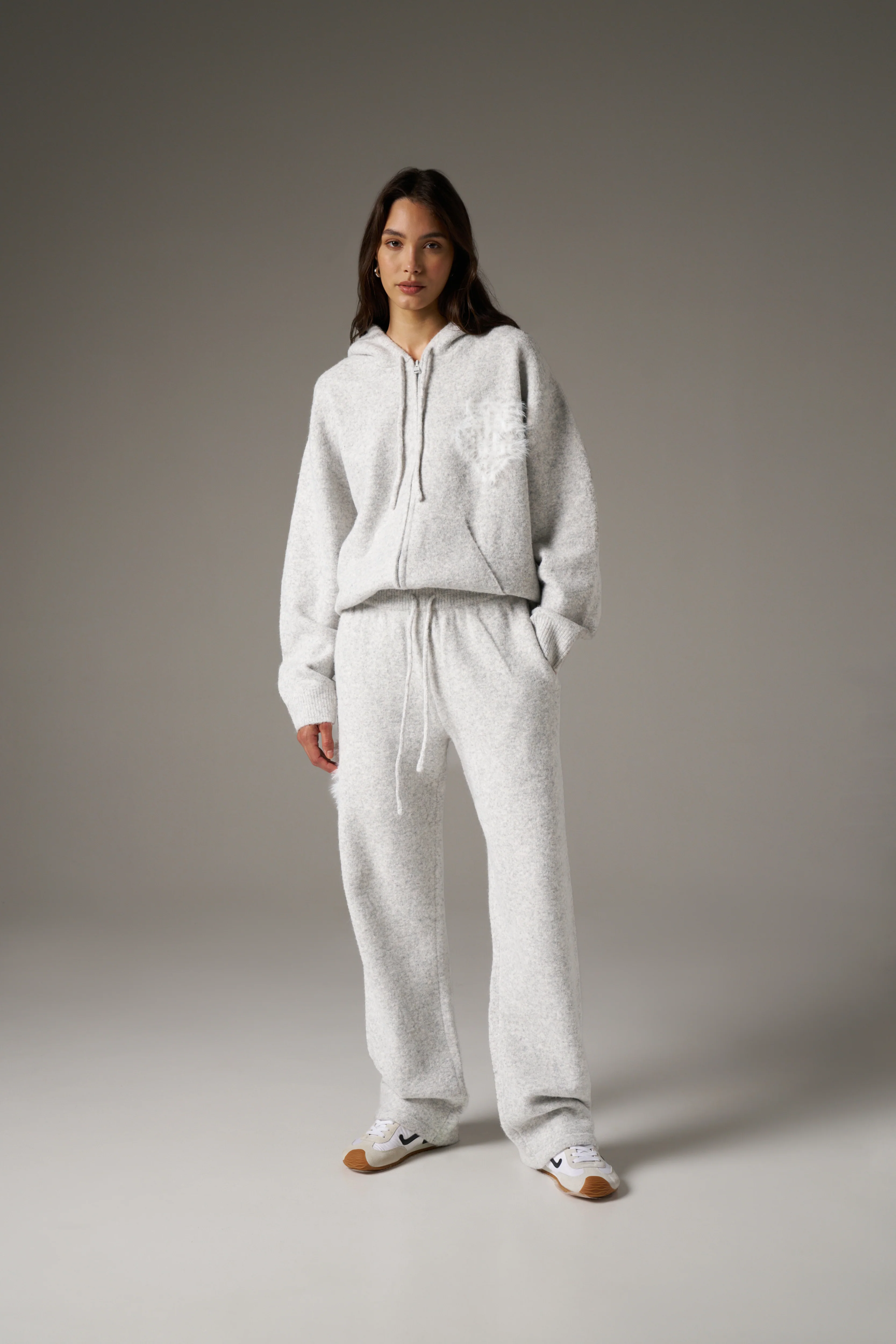 MONOGRAM FLUFFY KNIT ZIP THROUGH HOODIE - GREY MARL - Image 7