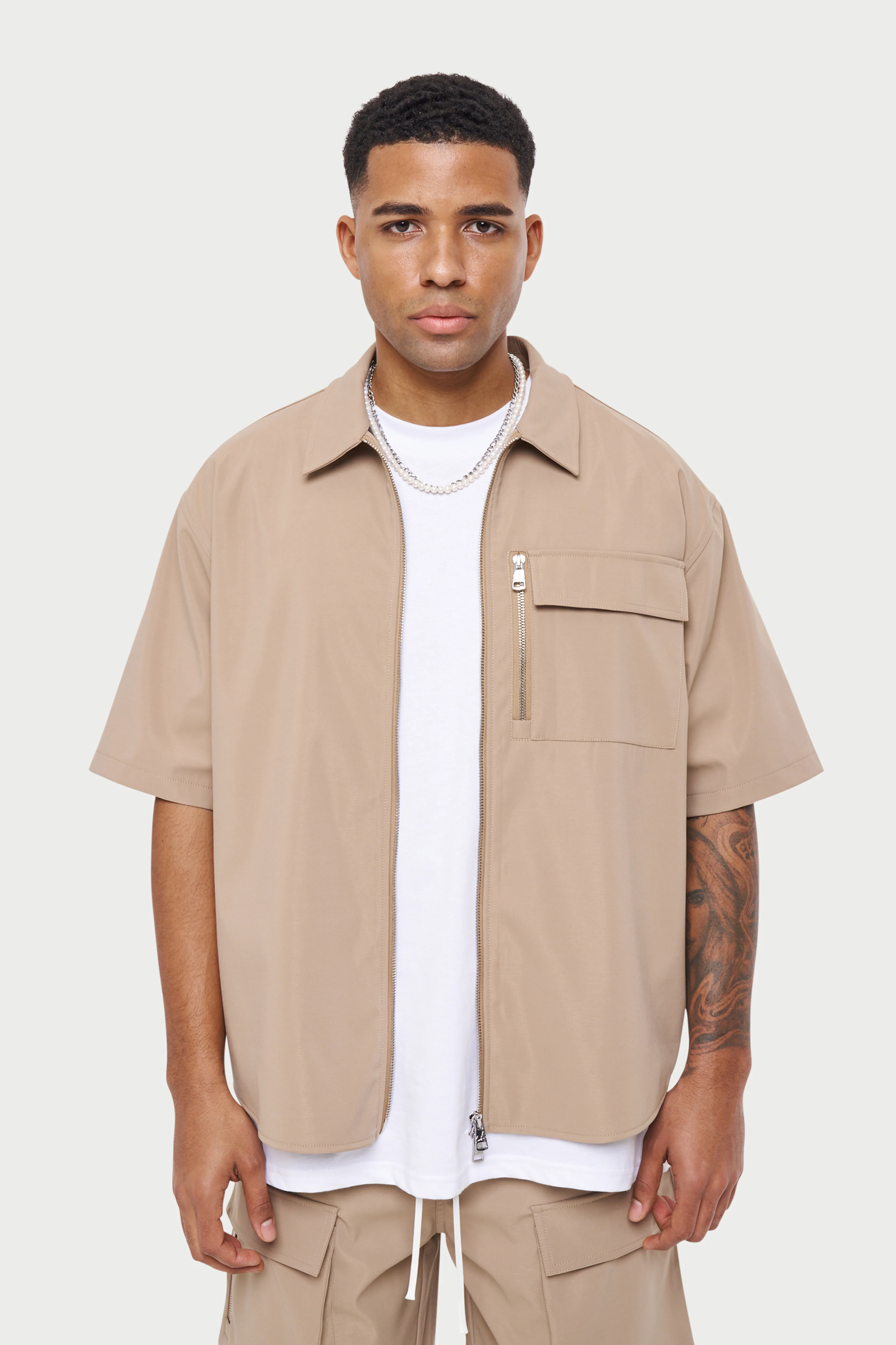 TECHNICAL HEAVYWEIGHT ZIP OVERSHIRT - BEIGE - Image 2