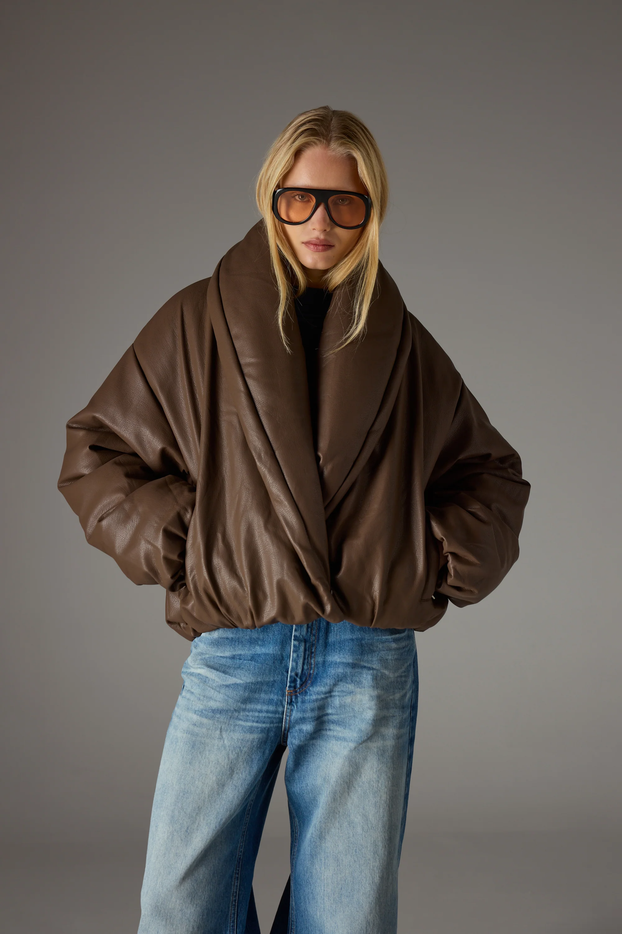 OVERSIZED COLLAR FAUX LEATHER PUFFER COAT - BROWN - Image 2