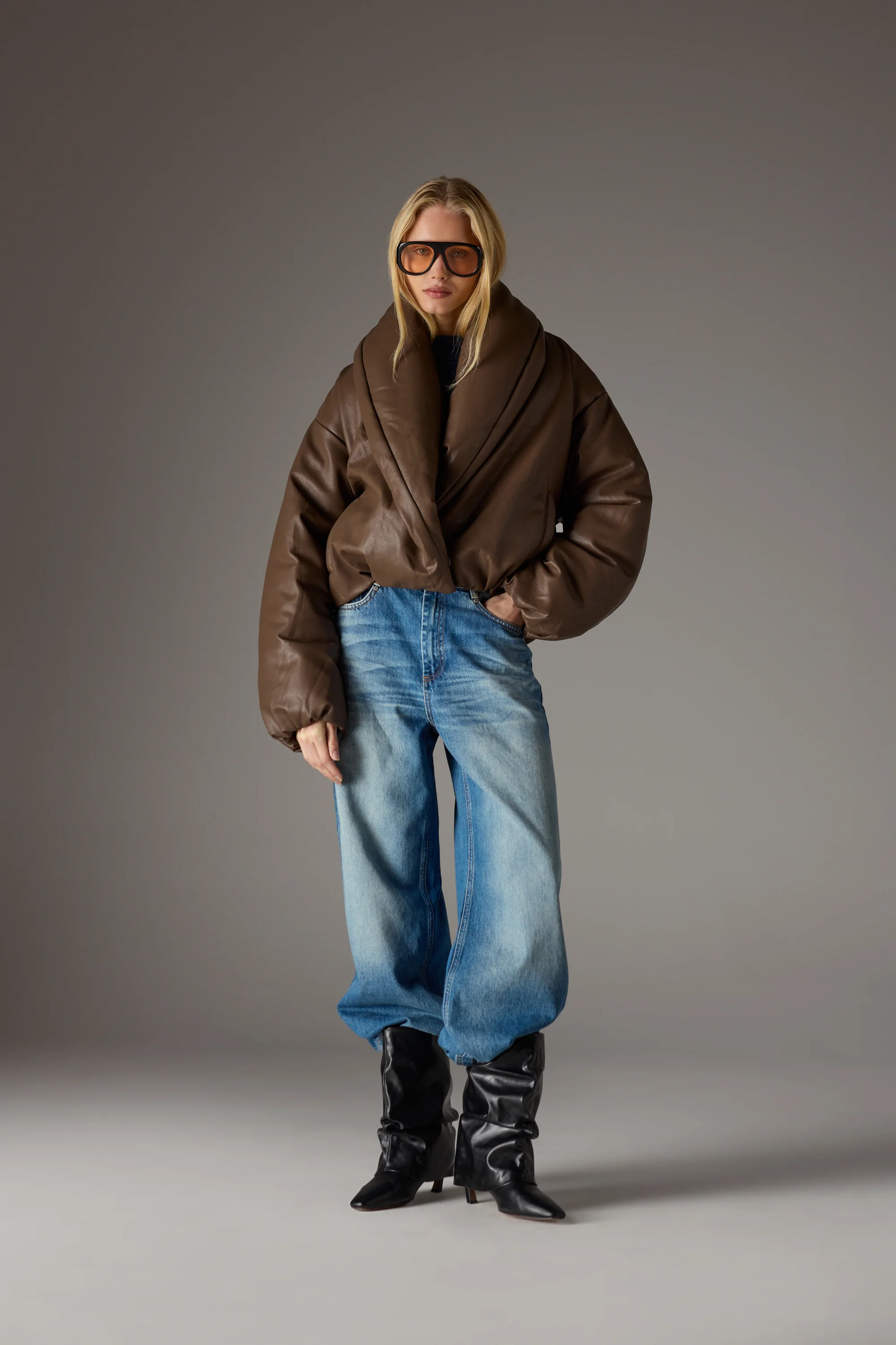 OVERSIZED COLLAR FAUX LEATHER PUFFER COAT - BROWN - Image 3