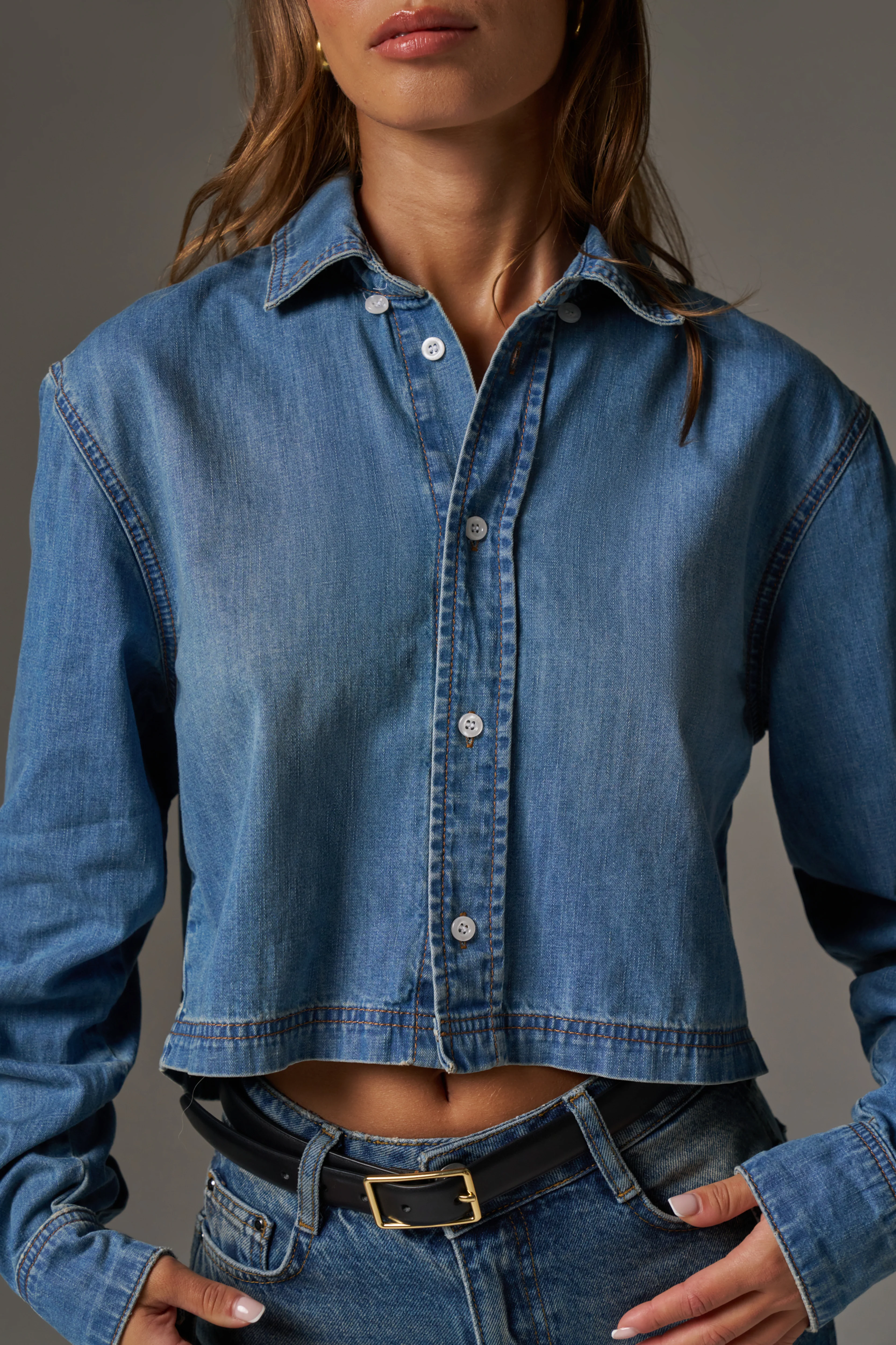 RELAXED LONG SLEEVE DENIM SHIRT - MID BLUE WASH - Image 5