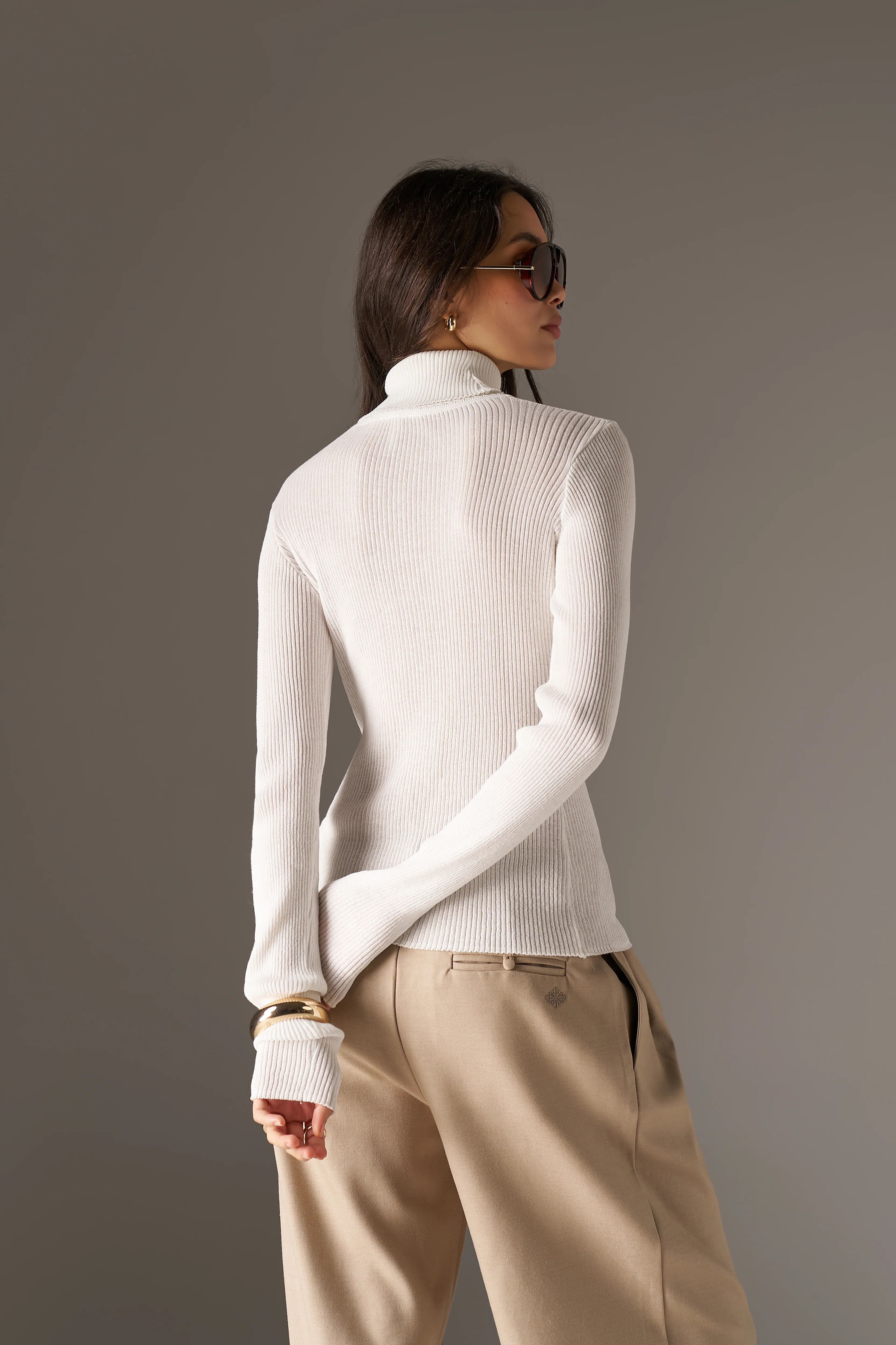 RIBBED ROLL NECK TOP - BONE - Image 7