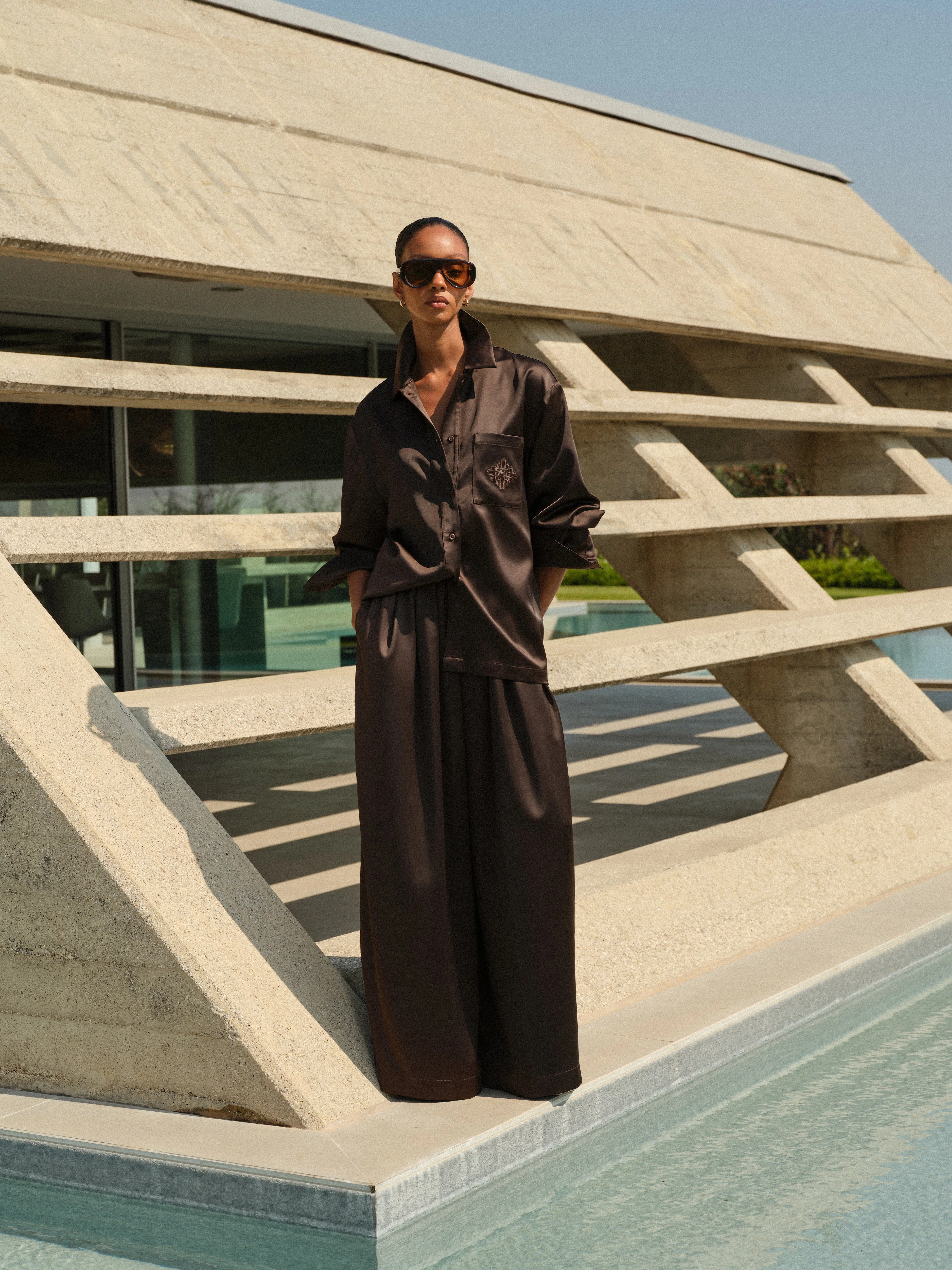 SATIN WIDE LEG TROUSERS - CHOCOLATE - Image 3