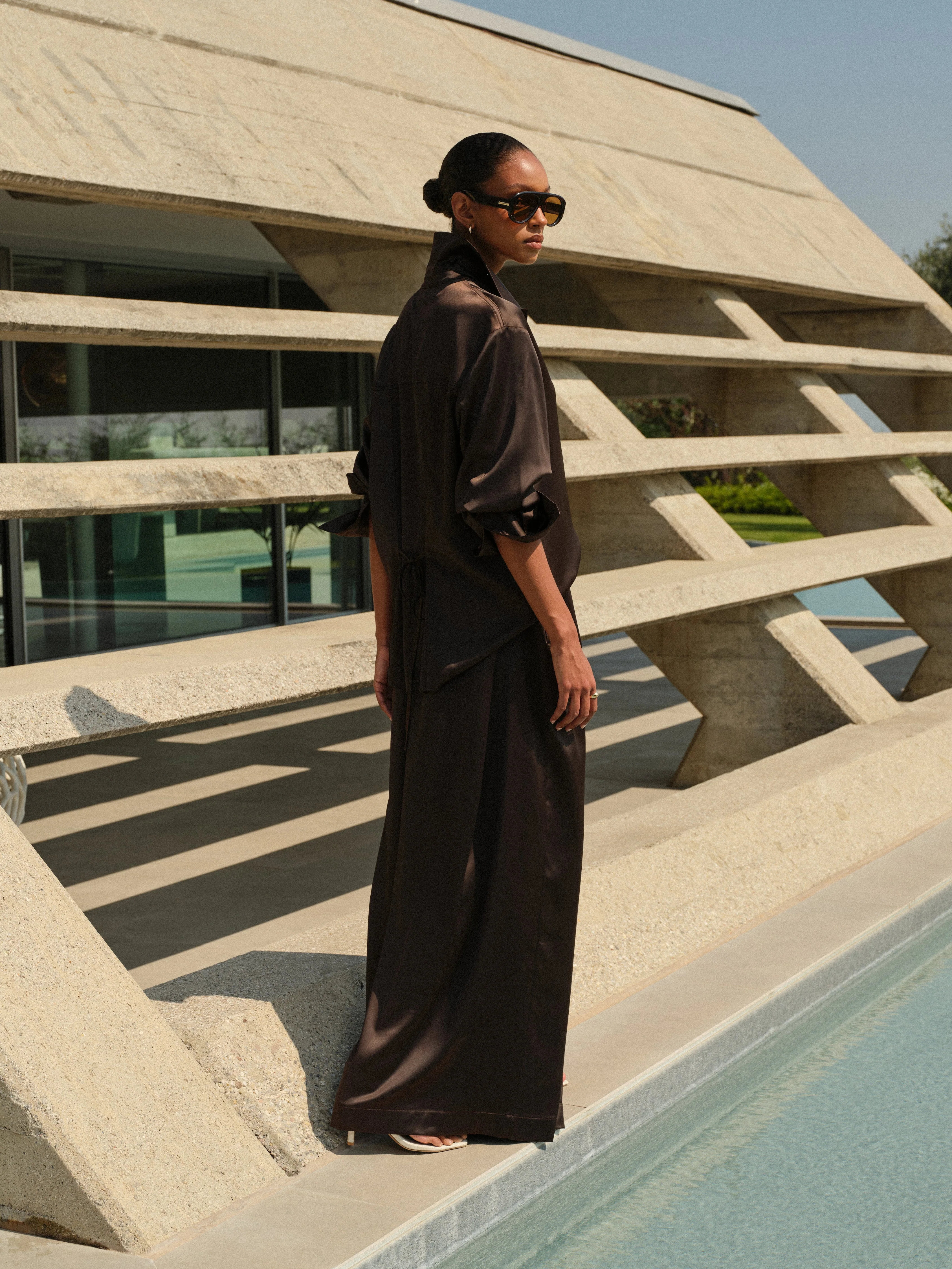 SATIN WIDE LEG TROUSERS - CHOCOLATE - Image 4