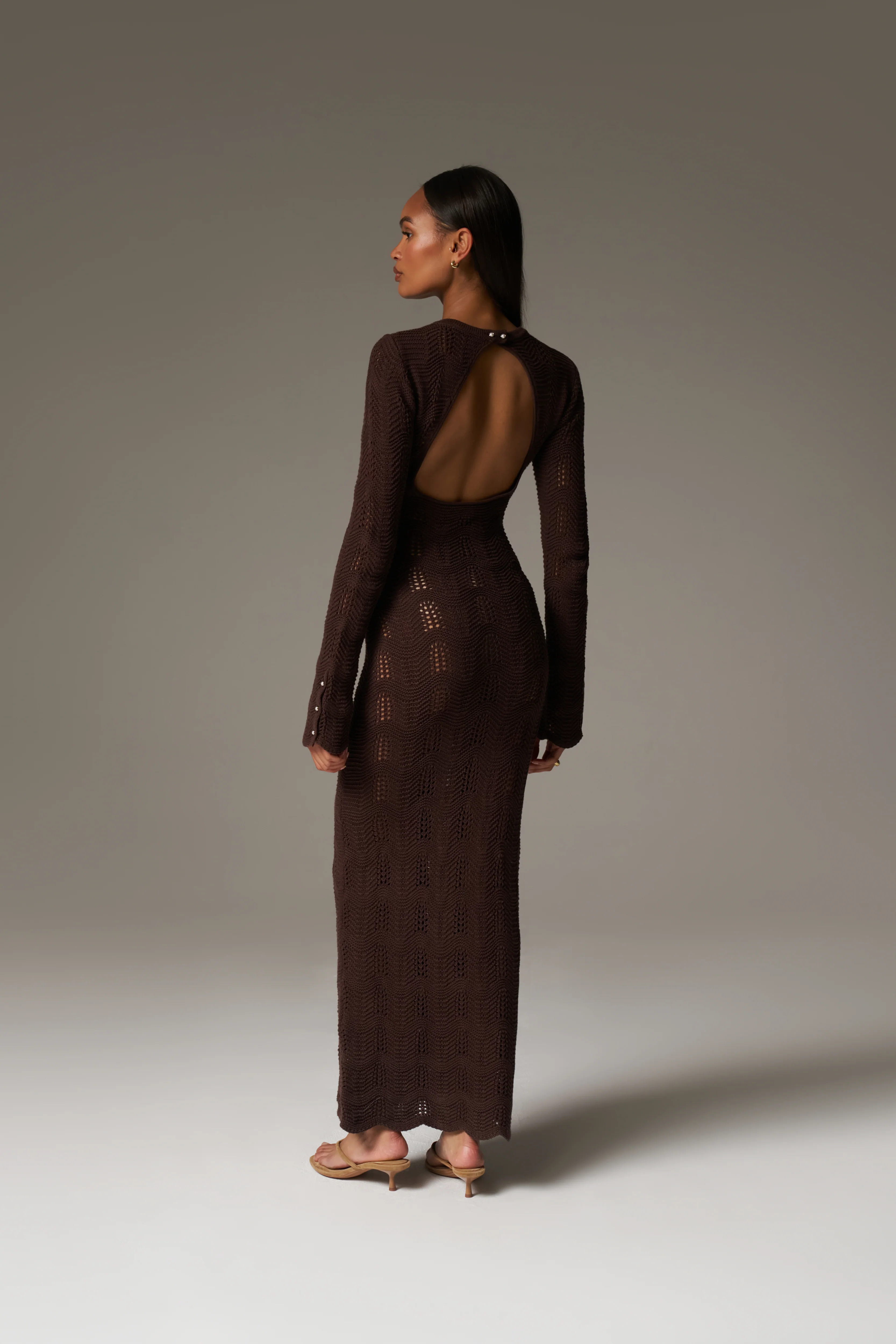 SCALLOP EDGE KNITTED MAXI DRESS - CHOCOLATE - Image 7