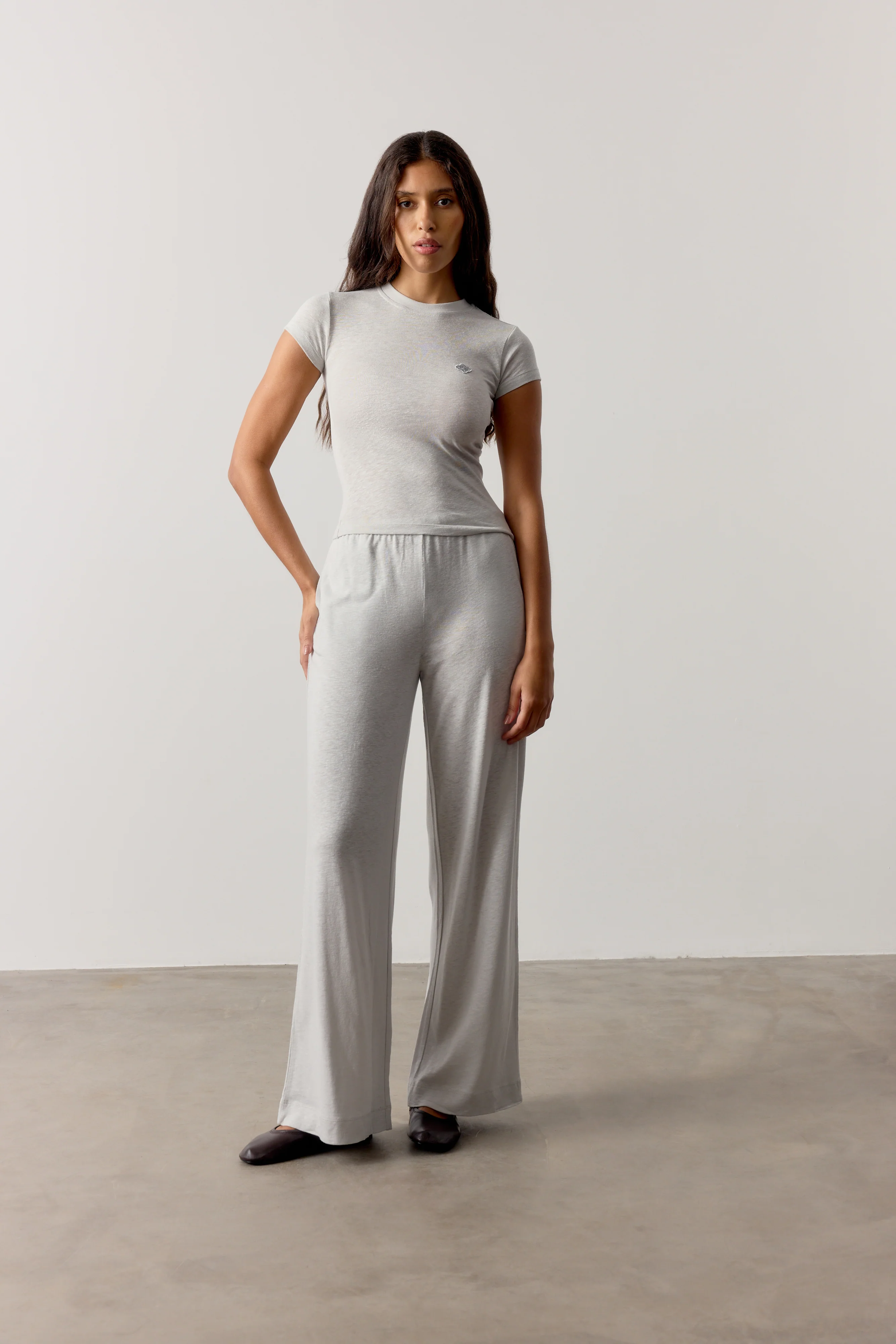 MARL SLUB WIDE LEG JOGGERS - GREY - Image 3