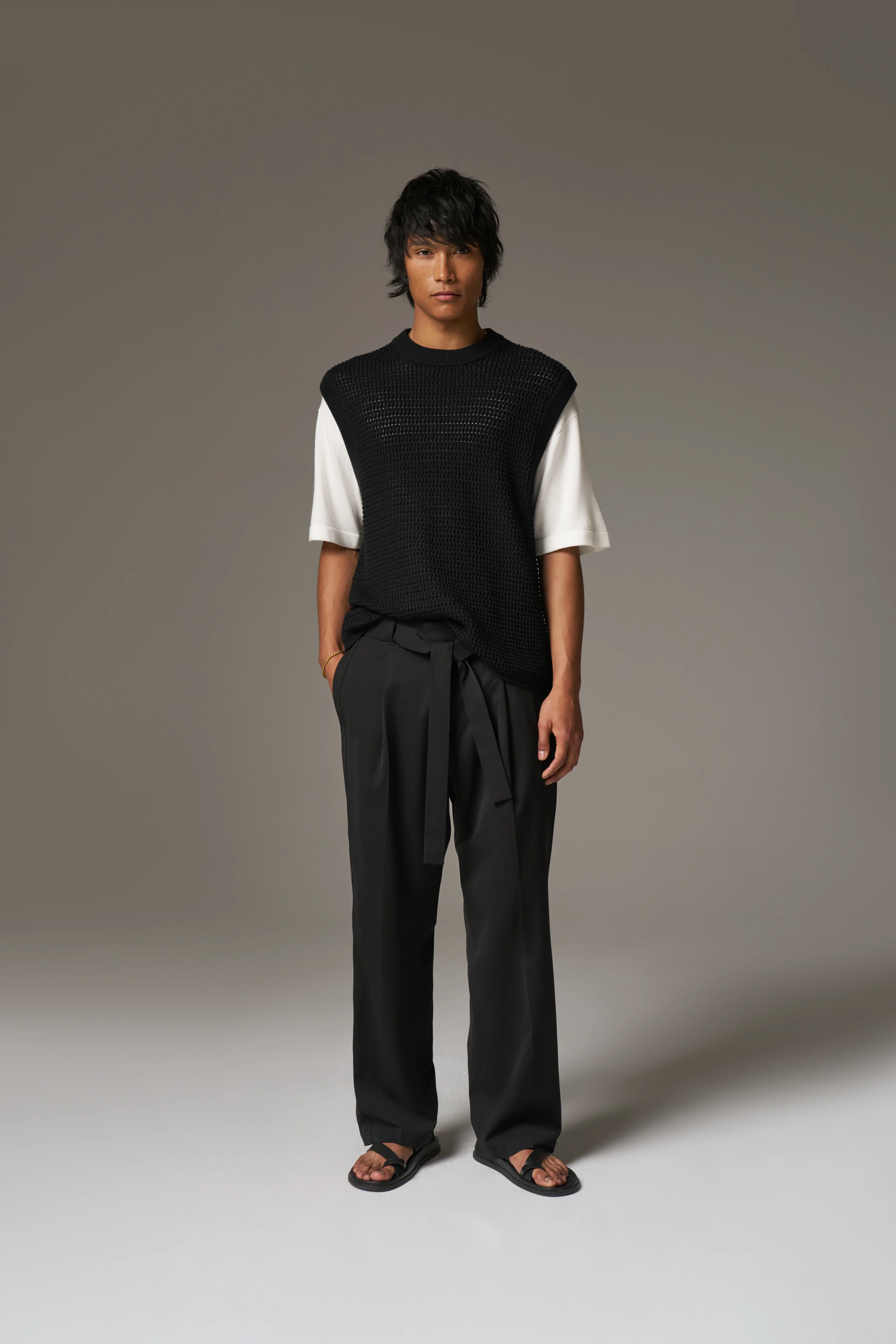 SMART TIE BELTED TROUSERS - BLACK - Image 10