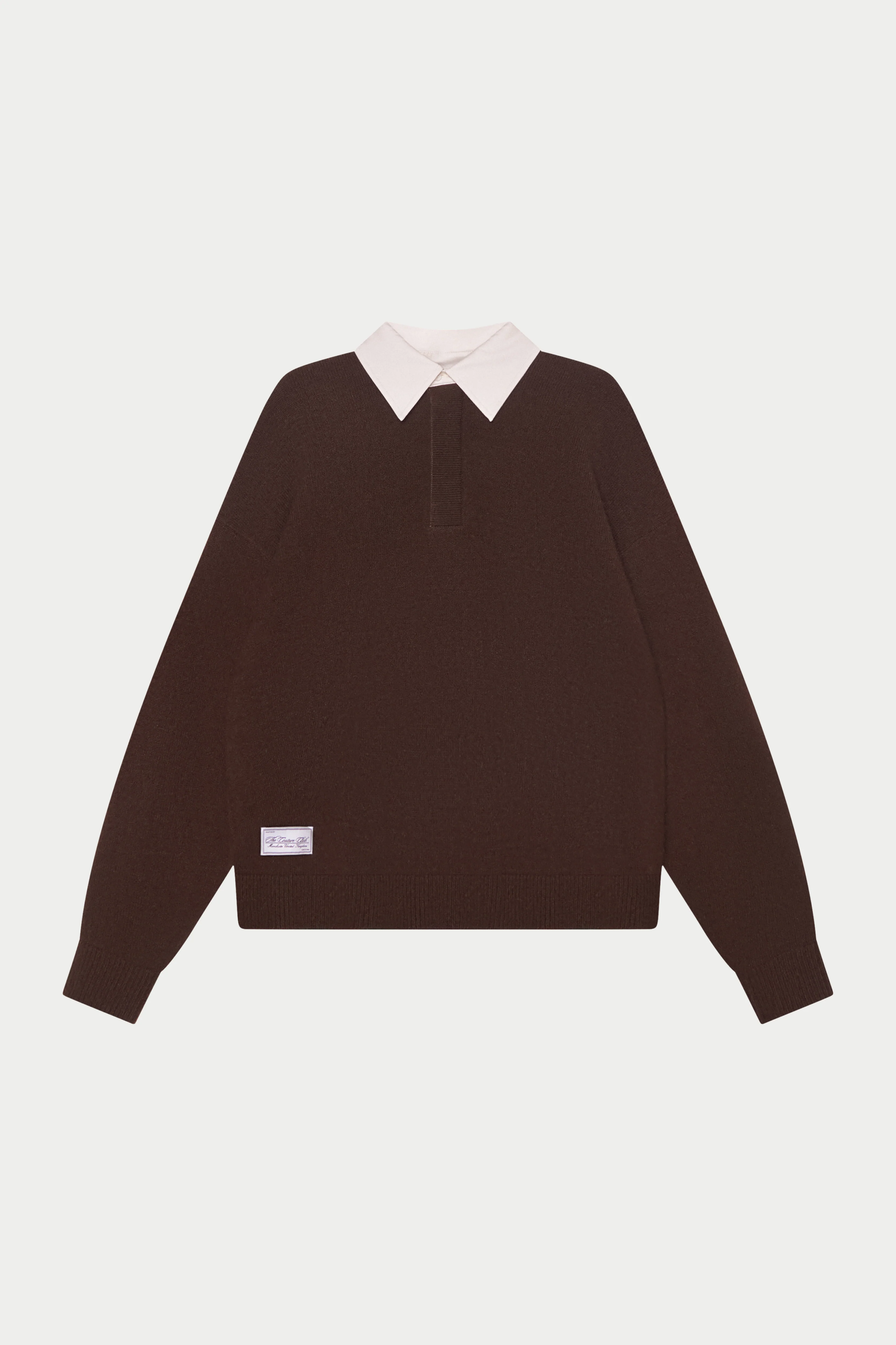 CONTRAST COLLAR KNIT CREW - BROWN