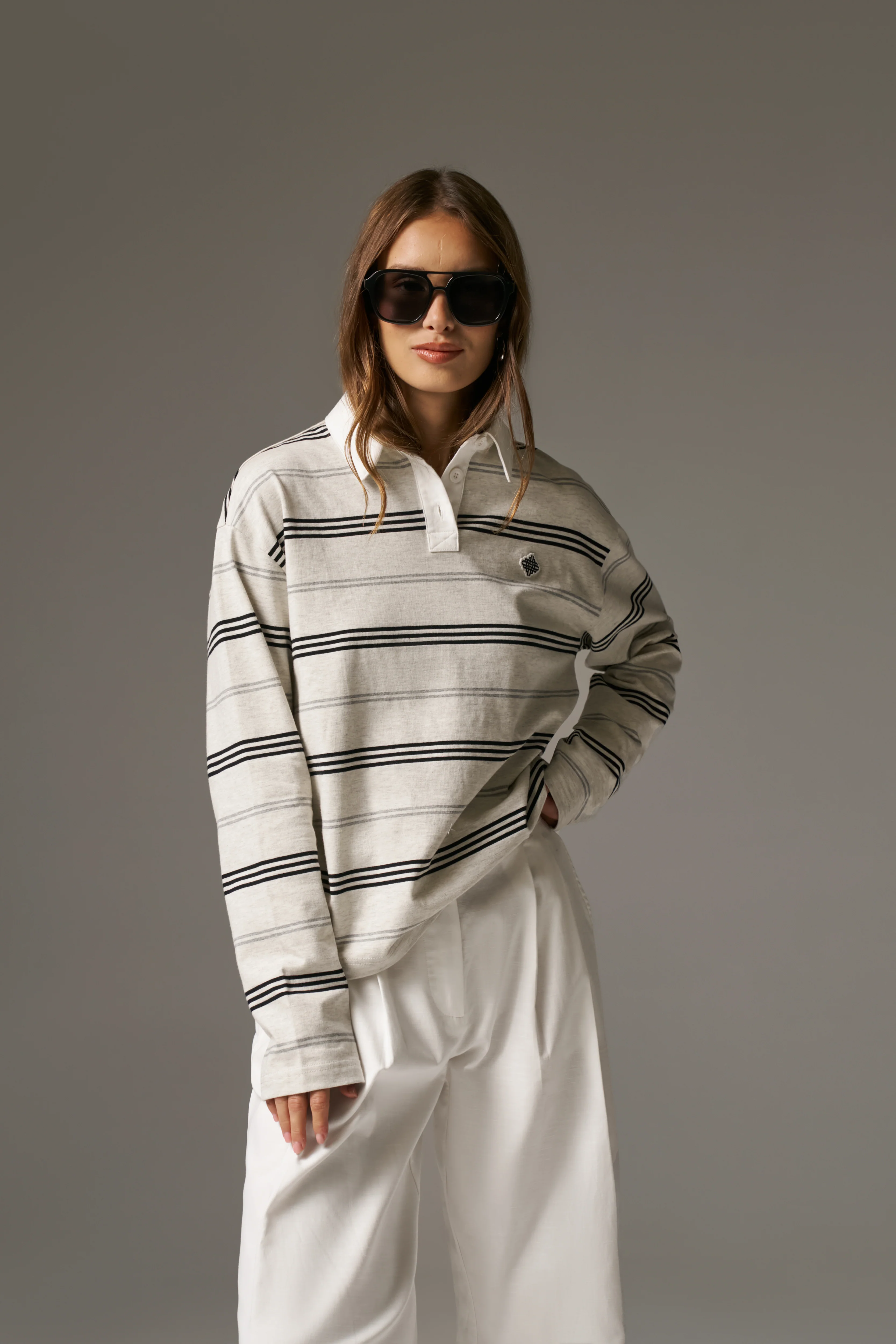 STRIPED LONG SLEEVE POLO TEE - GREY MARL - Image 2