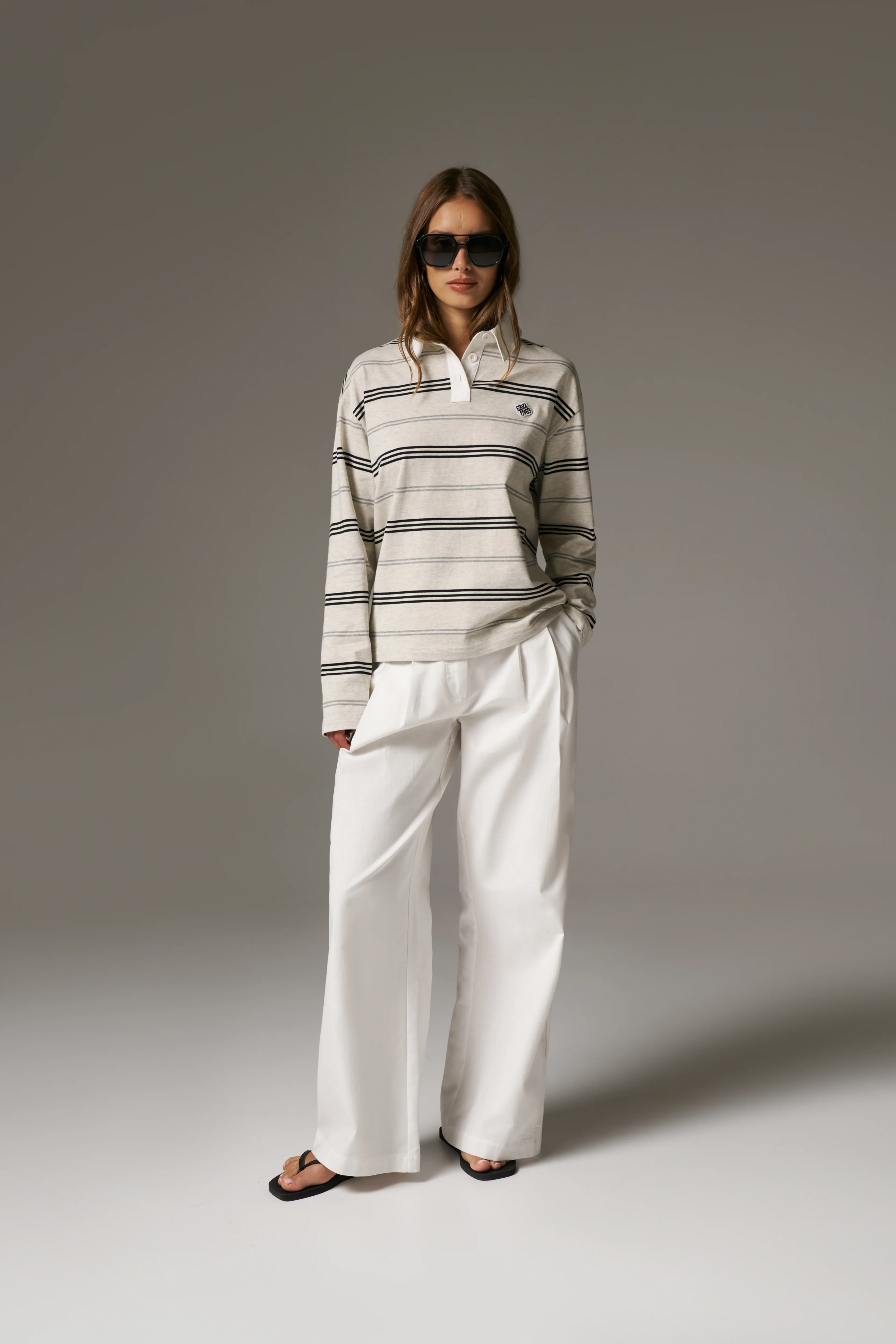 STRIPED LONG SLEEVE POLO TEE - GREY MARL - Image 3