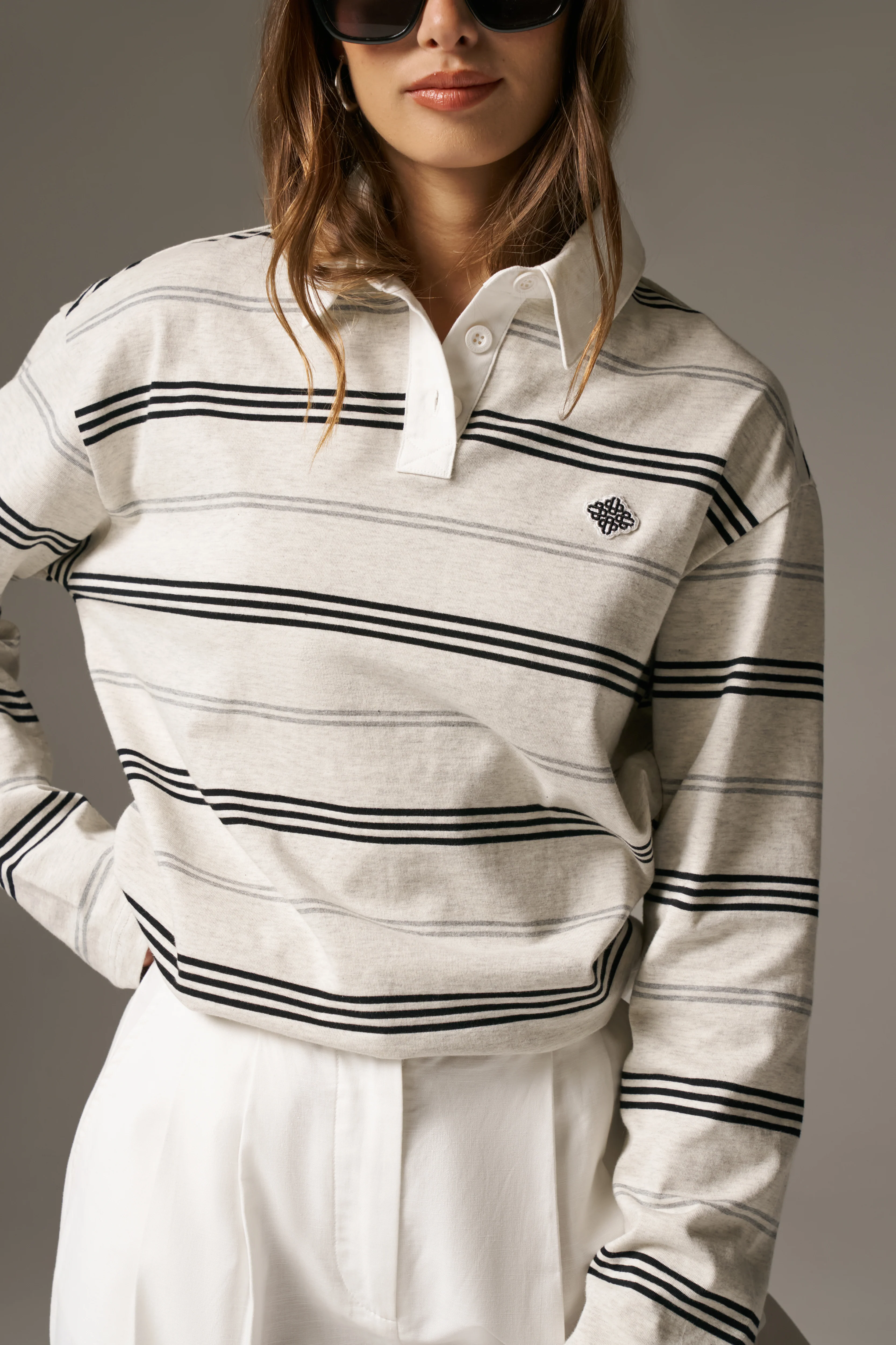 STRIPED LONG SLEEVE POLO TEE - GREY MARL - Image 5