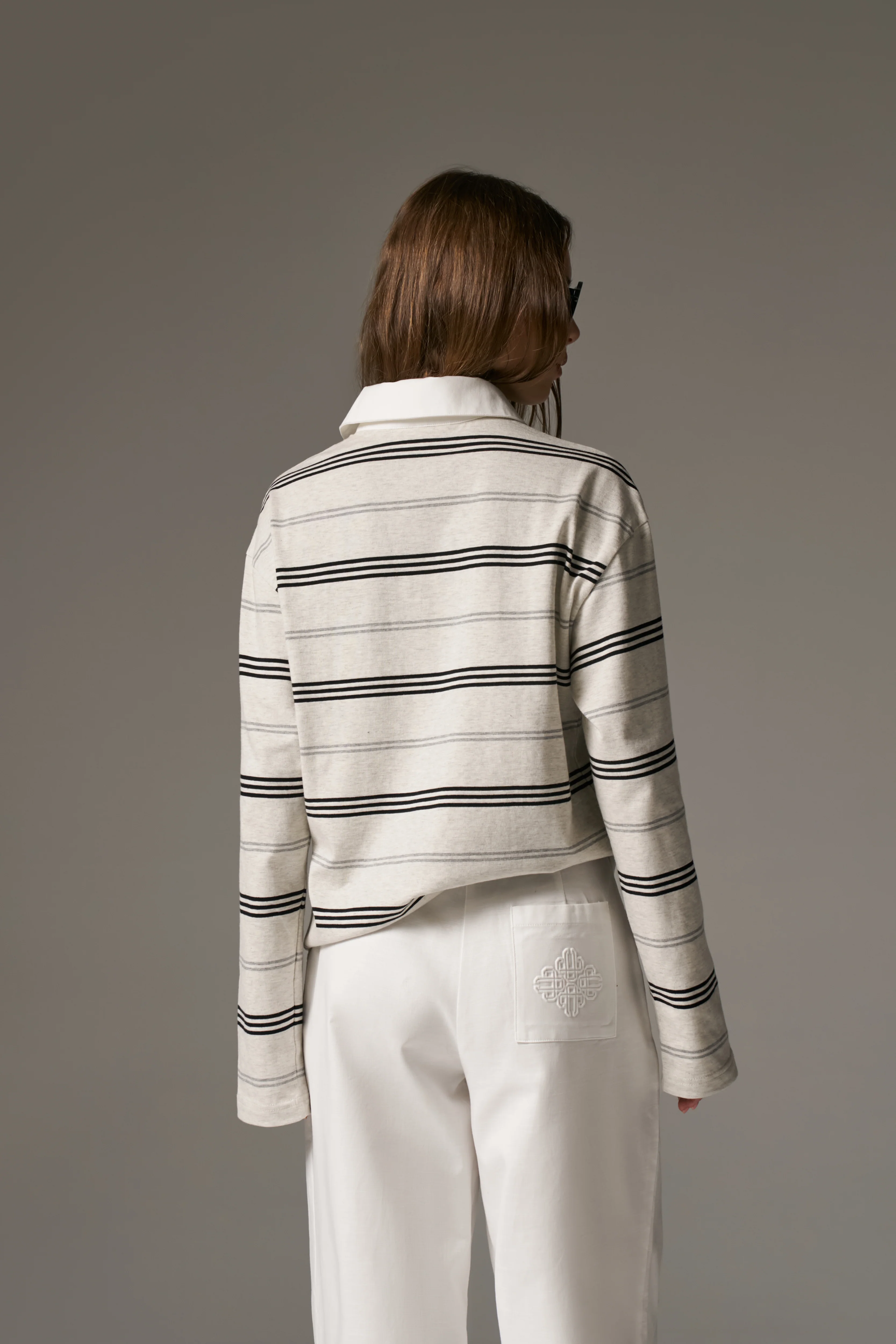 STRIPED LONG SLEEVE POLO TEE - GREY MARL - Image 6