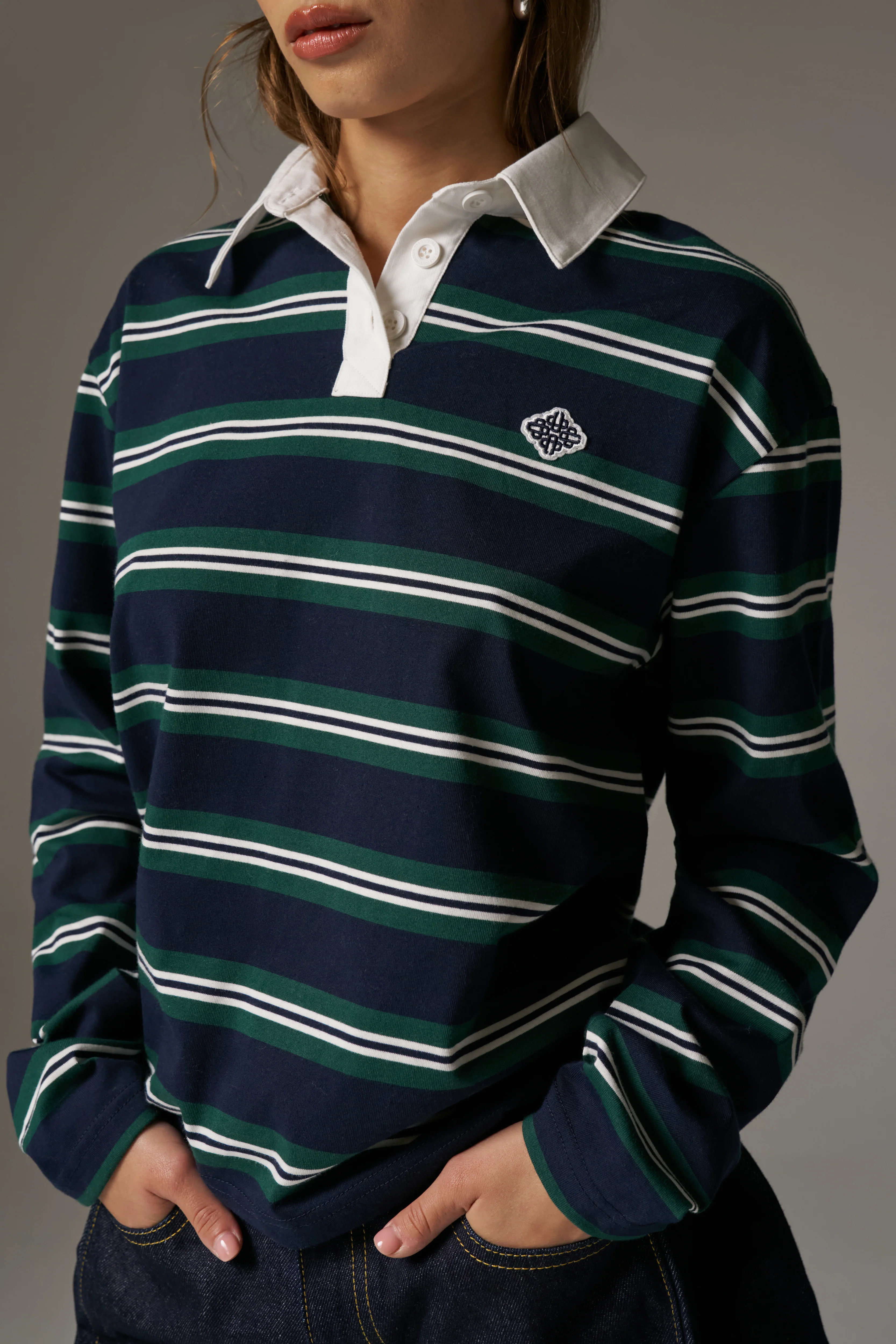 STRIPED LONG SLEEVE POLO TEE - NAVY - Image 5