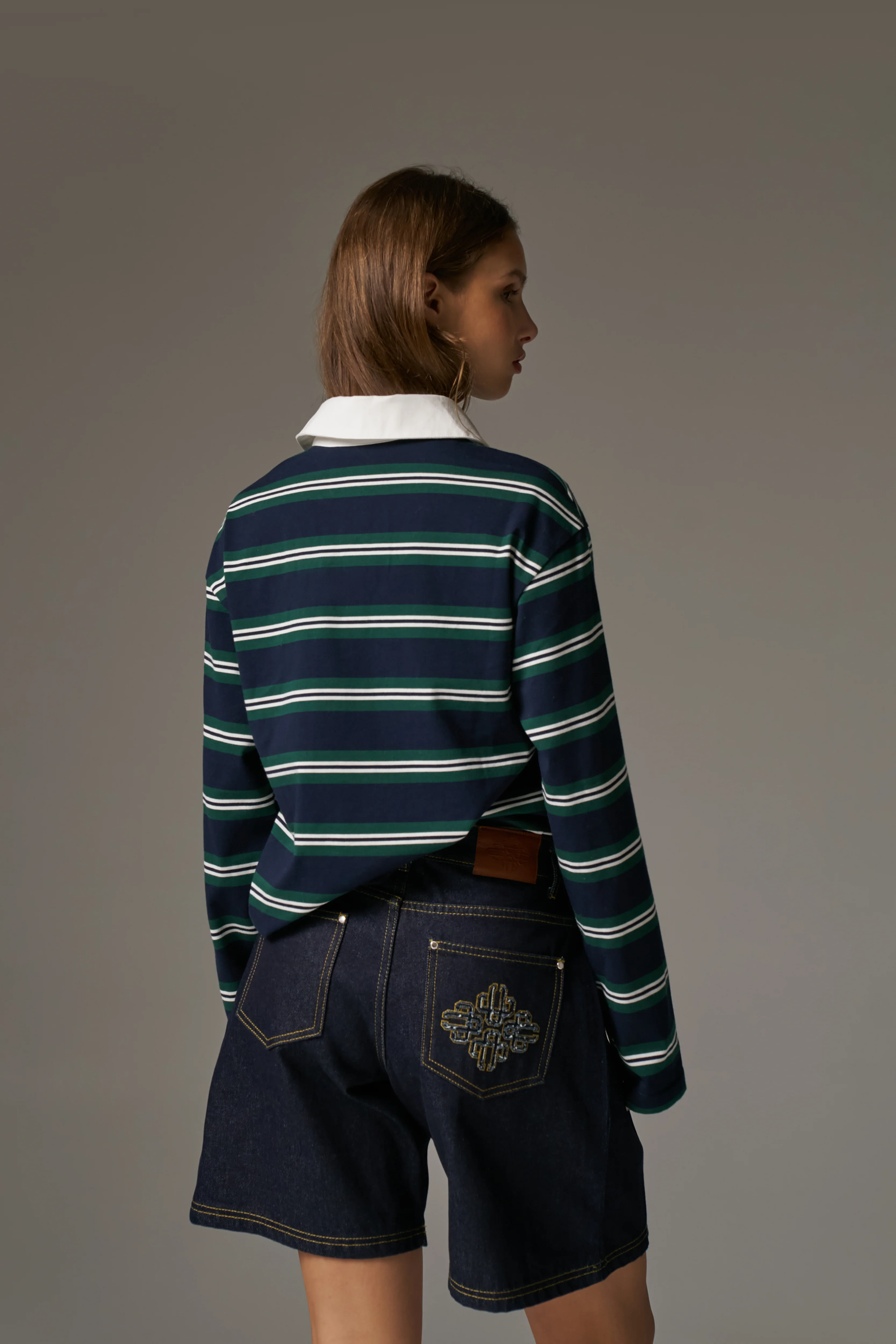 STRIPED LONG SLEEVE POLO TEE - NAVY - Image 6