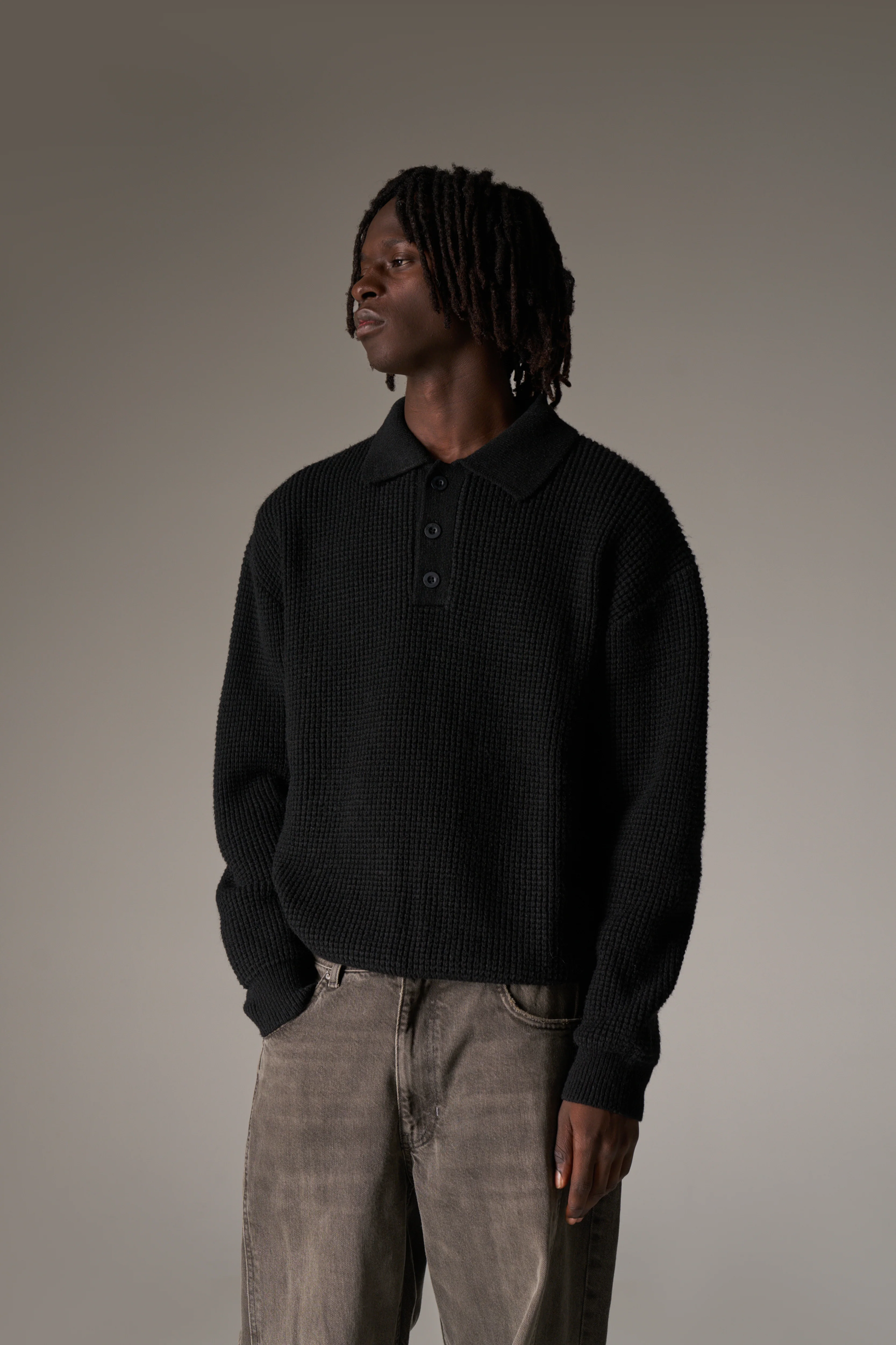 WAFFLE KNIT LONG SLEEVE POLO - BLACK - Image 4
